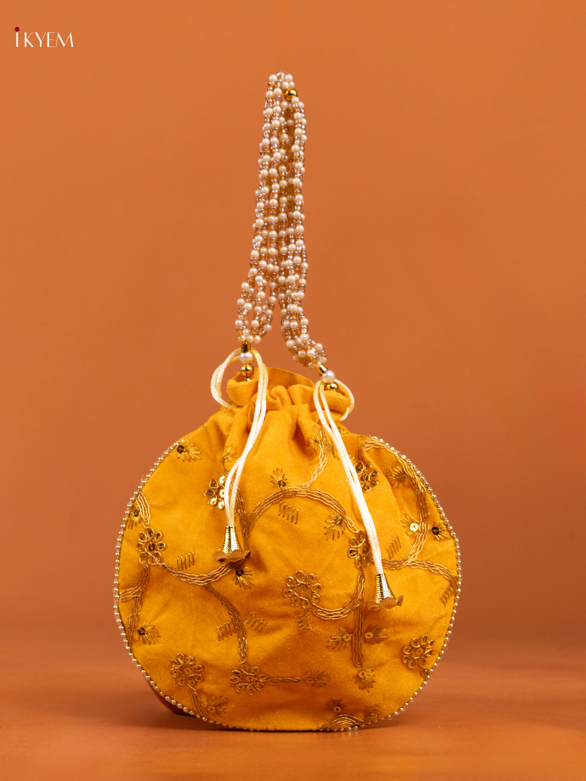 Yellow Embroidered Potli Bag With Floral Design & Gold Zari - KD26529