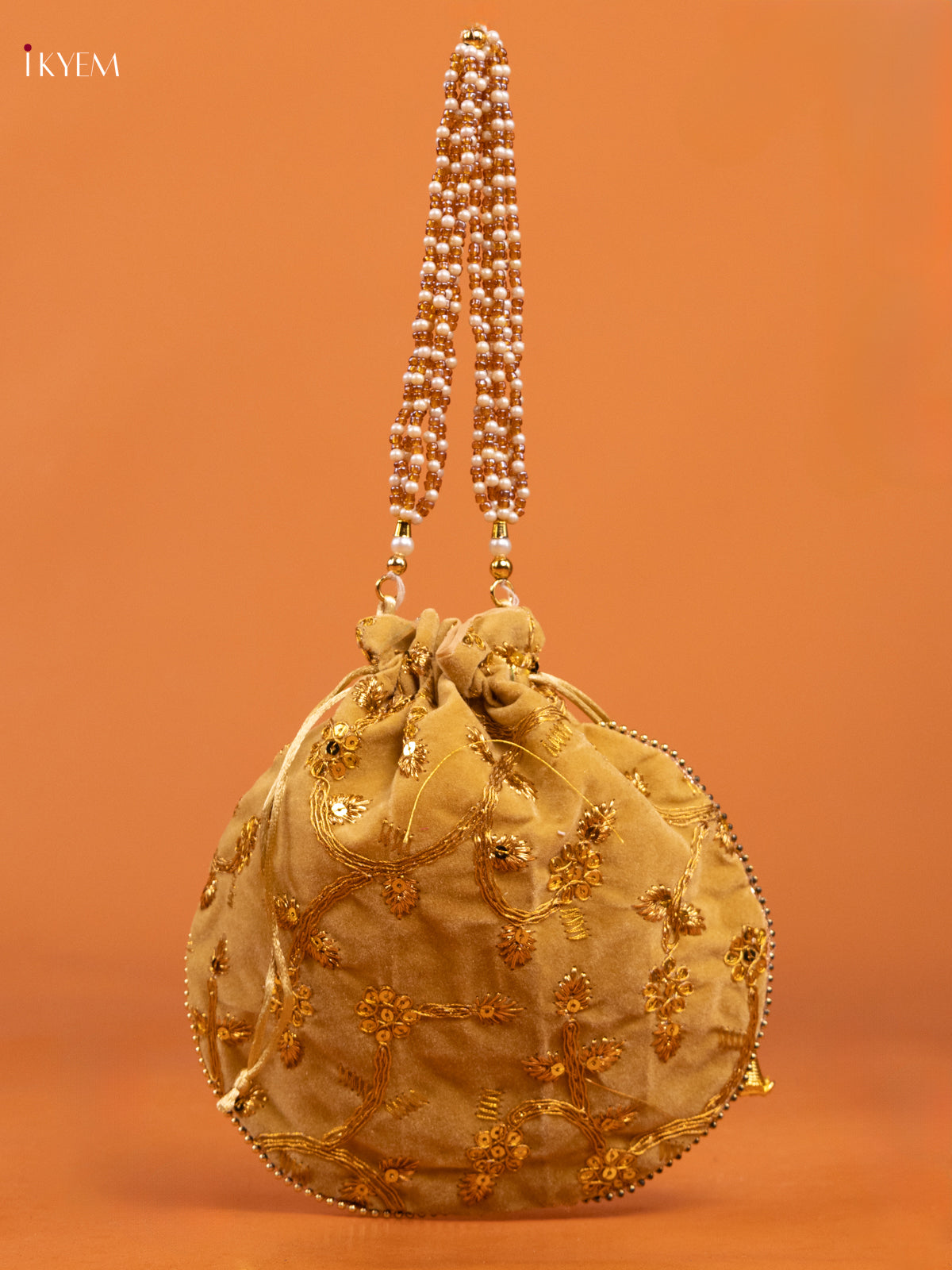 Sandal Embroidered Potli Bag with Floral Design & Gold Zari - KD26531