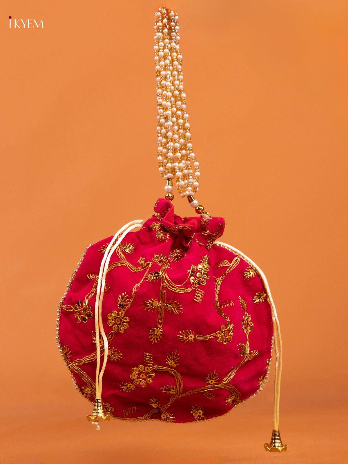 Pink Potli Bag With Embroidered Floral Design & Gold Zari - KD26534