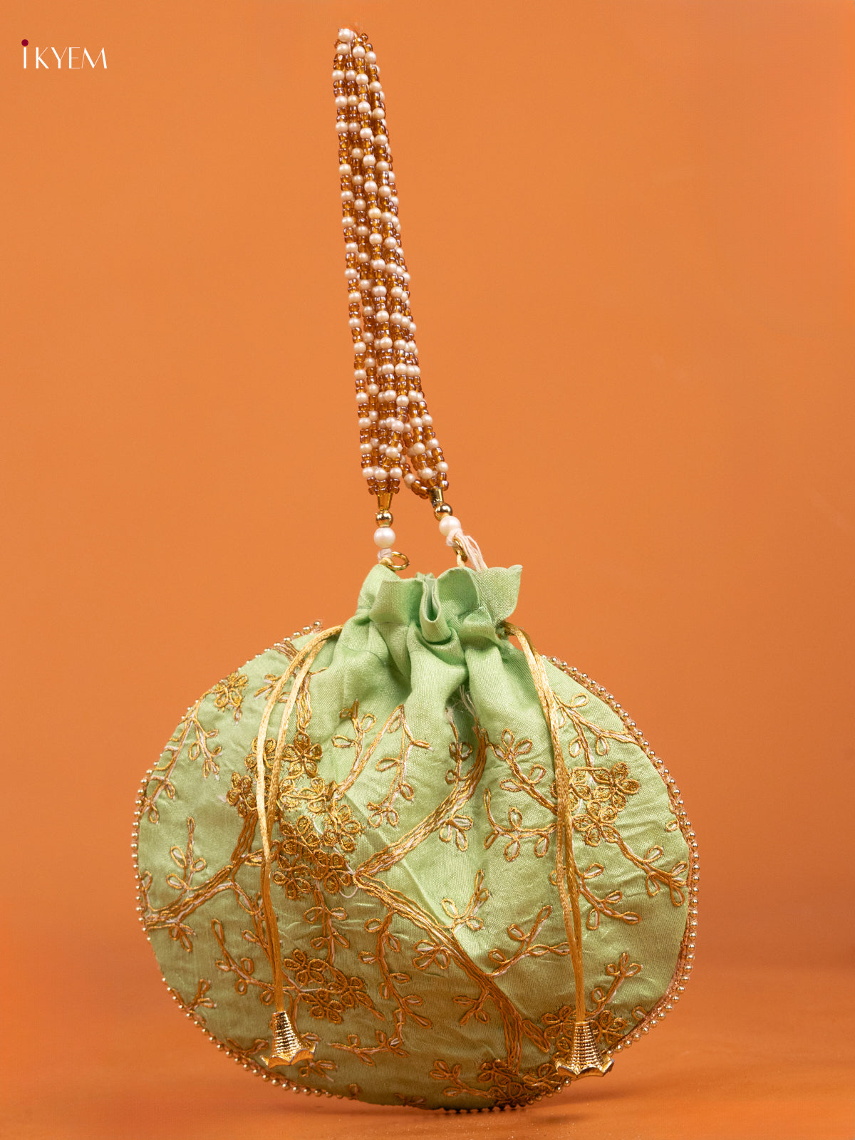 Pastel Green Potli Bags With Gold Zari & Embroidered Floral Design - KD26541