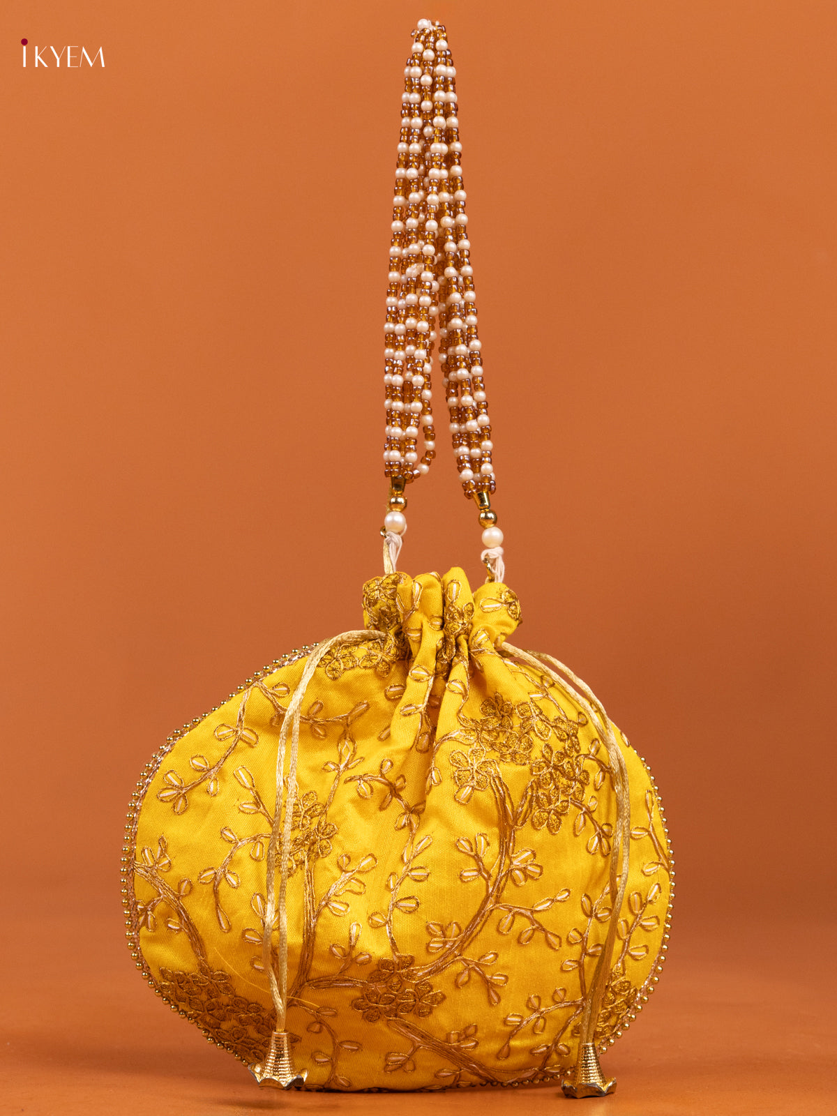 Yellow Embroidered Potli Bag With Floral Design & Gold Zari - KD26542