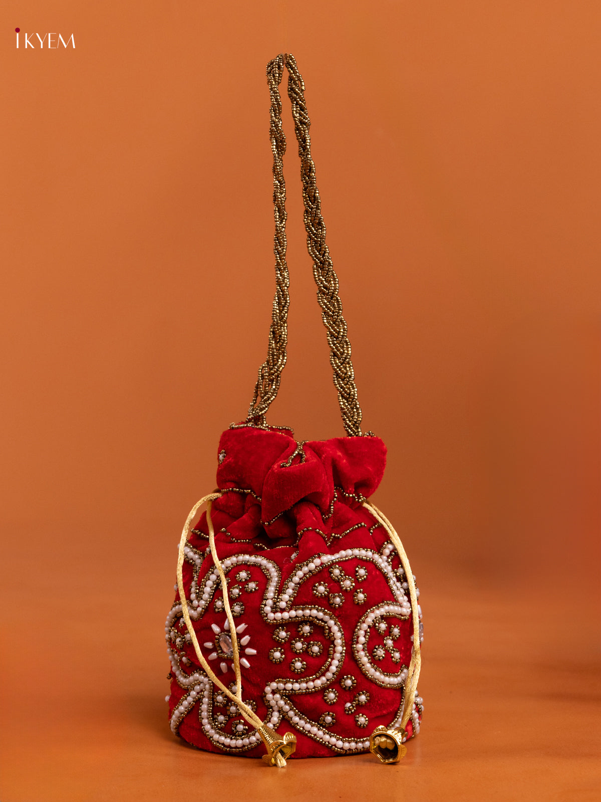 Red Potli Bag with Pearl & Bead Embroidery - KD26549
