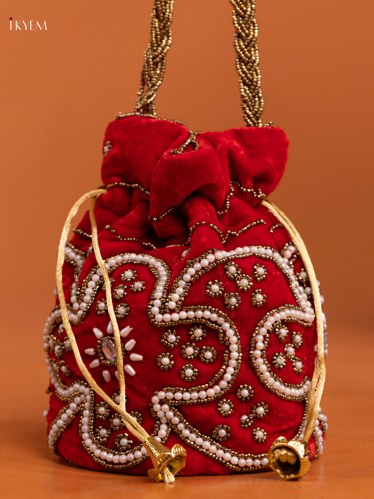 Red Potli Bag with Pearl & Bead Embroidery - KD26549