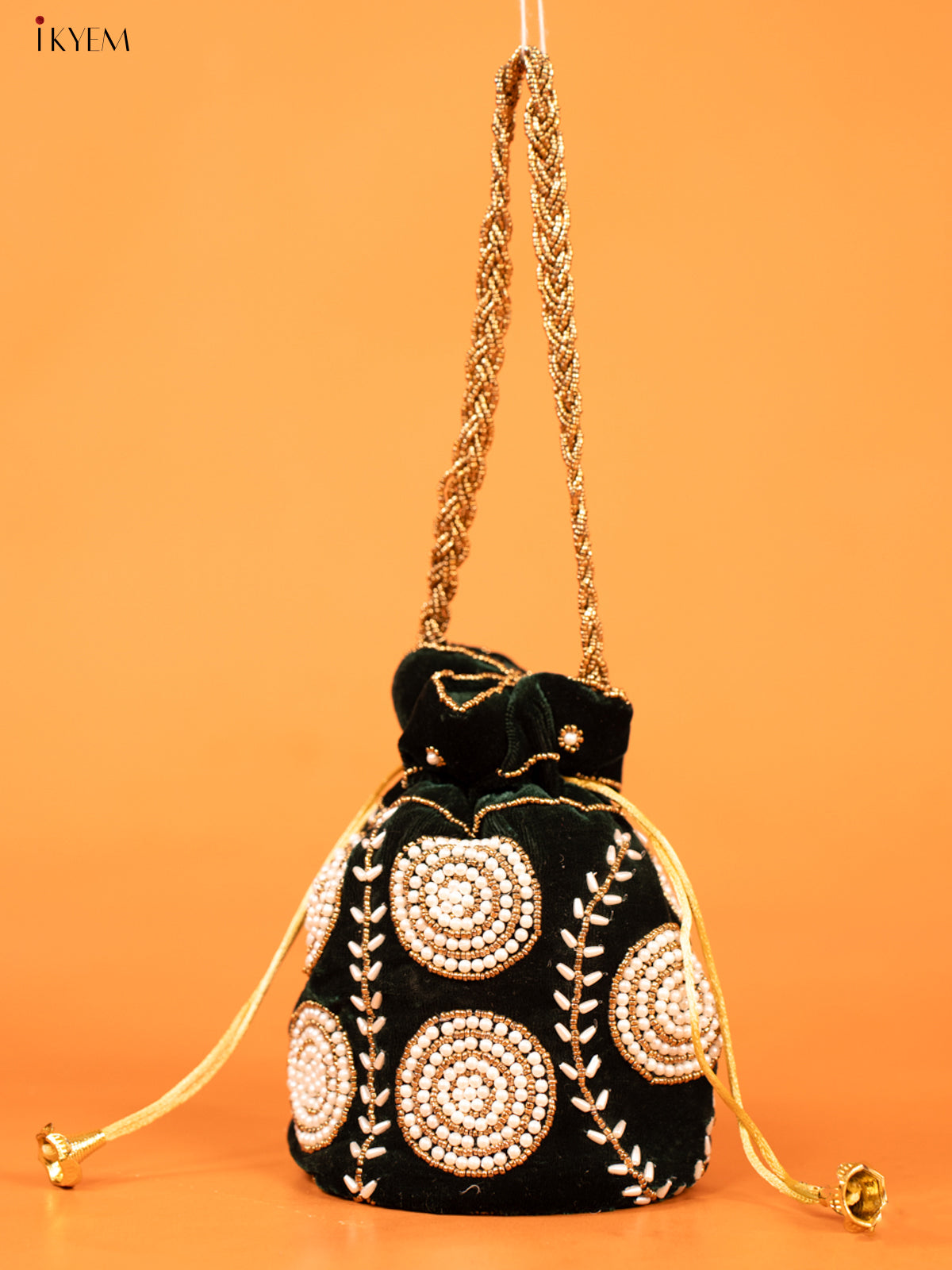 Green Potli Bag with Pearl & Bead Embroidery - KD26552