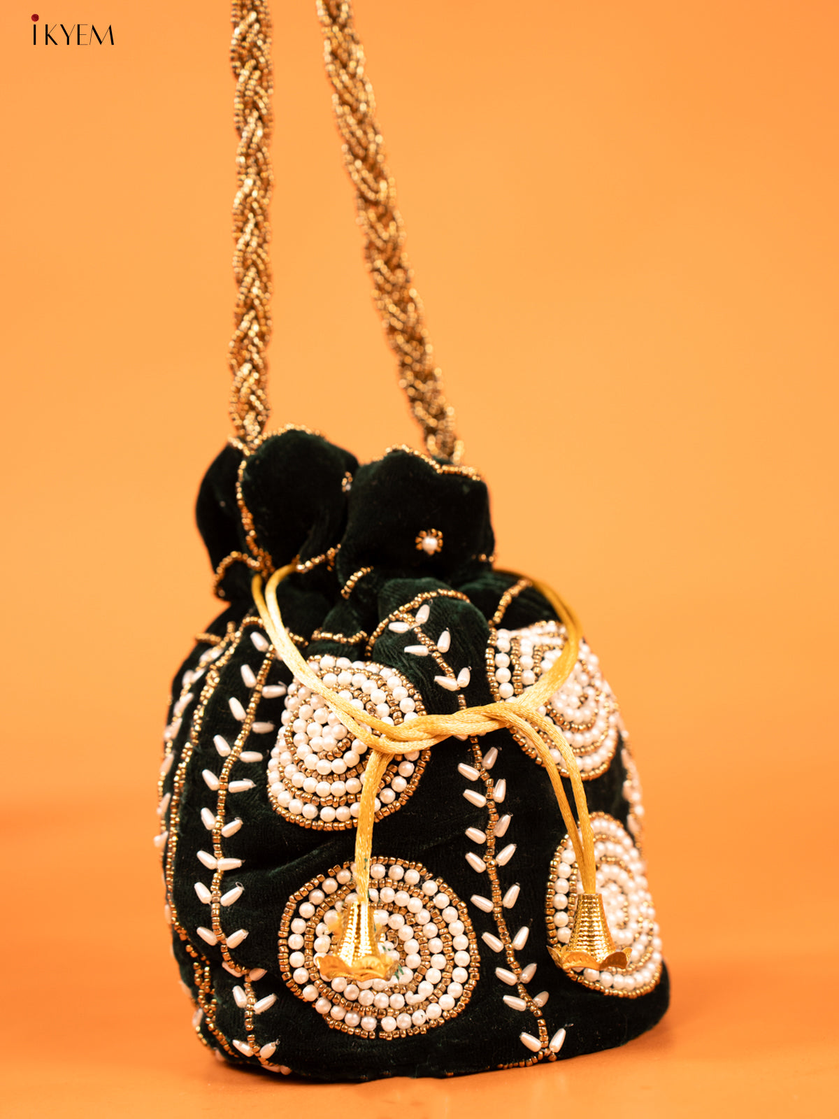 Green Potli Bag with Pearl & Bead Embroidery - KD26552