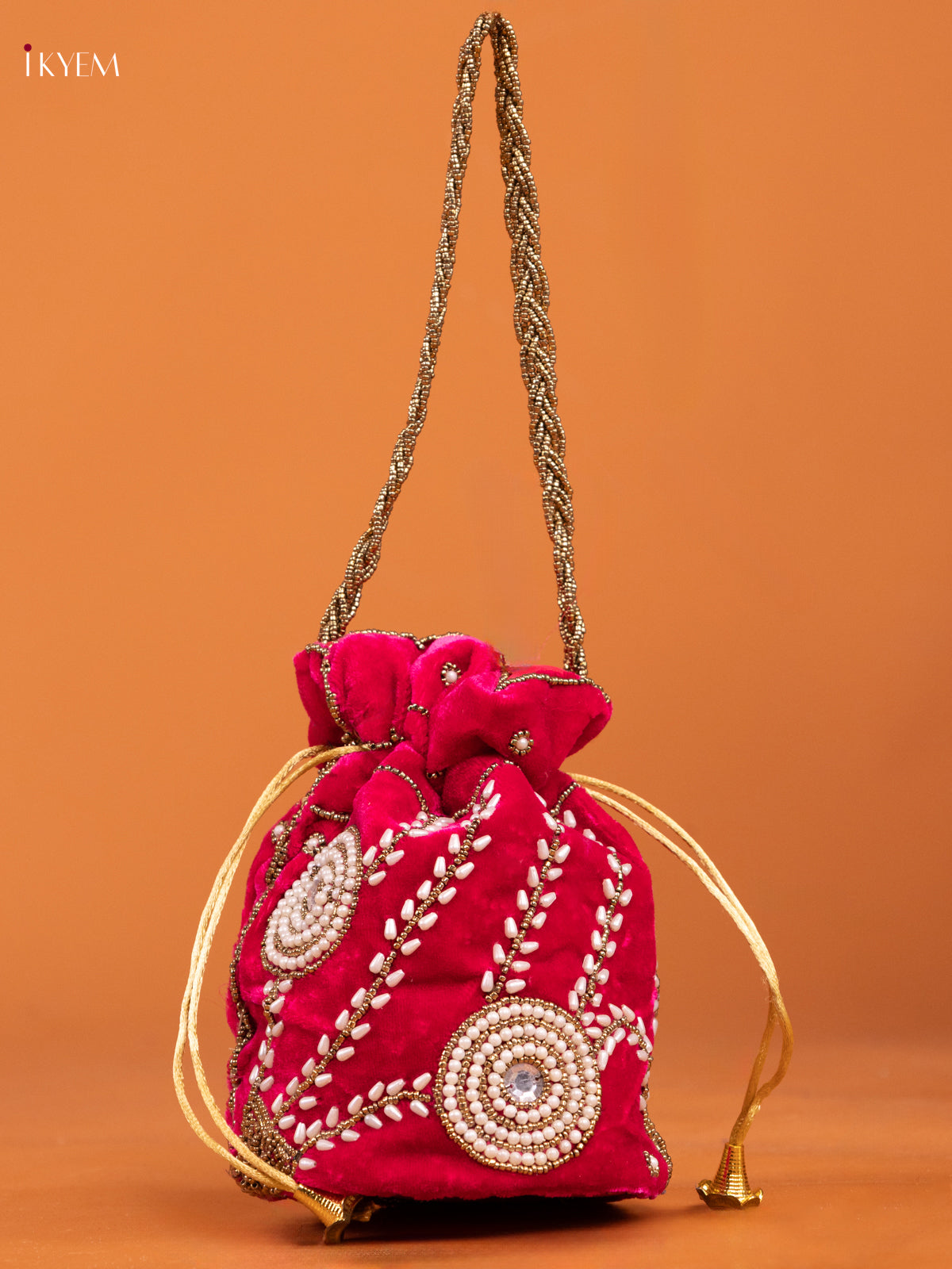 Pink Velvet Potli Bag With embroidery - KD26554
