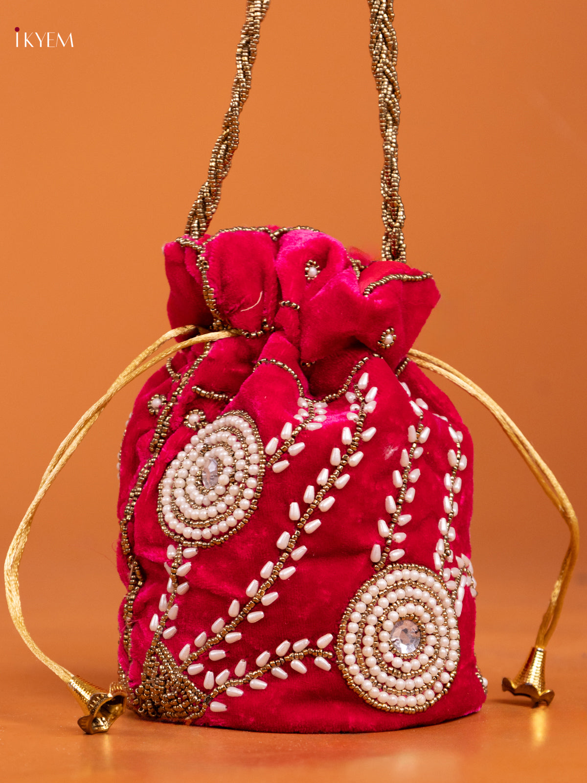 Pink Velvet Potli Bag With embroidery - KD26554