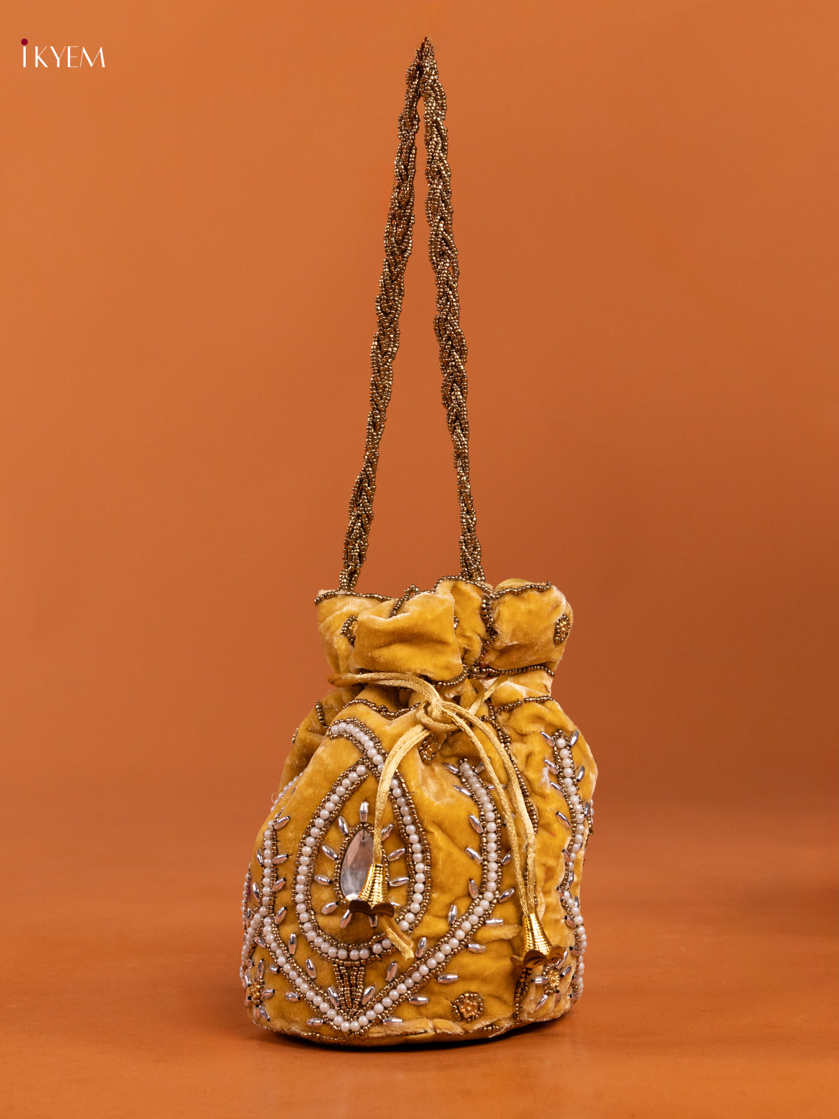 Yellow Potli Bag with Pearl & Bead Embroidery - KD26557