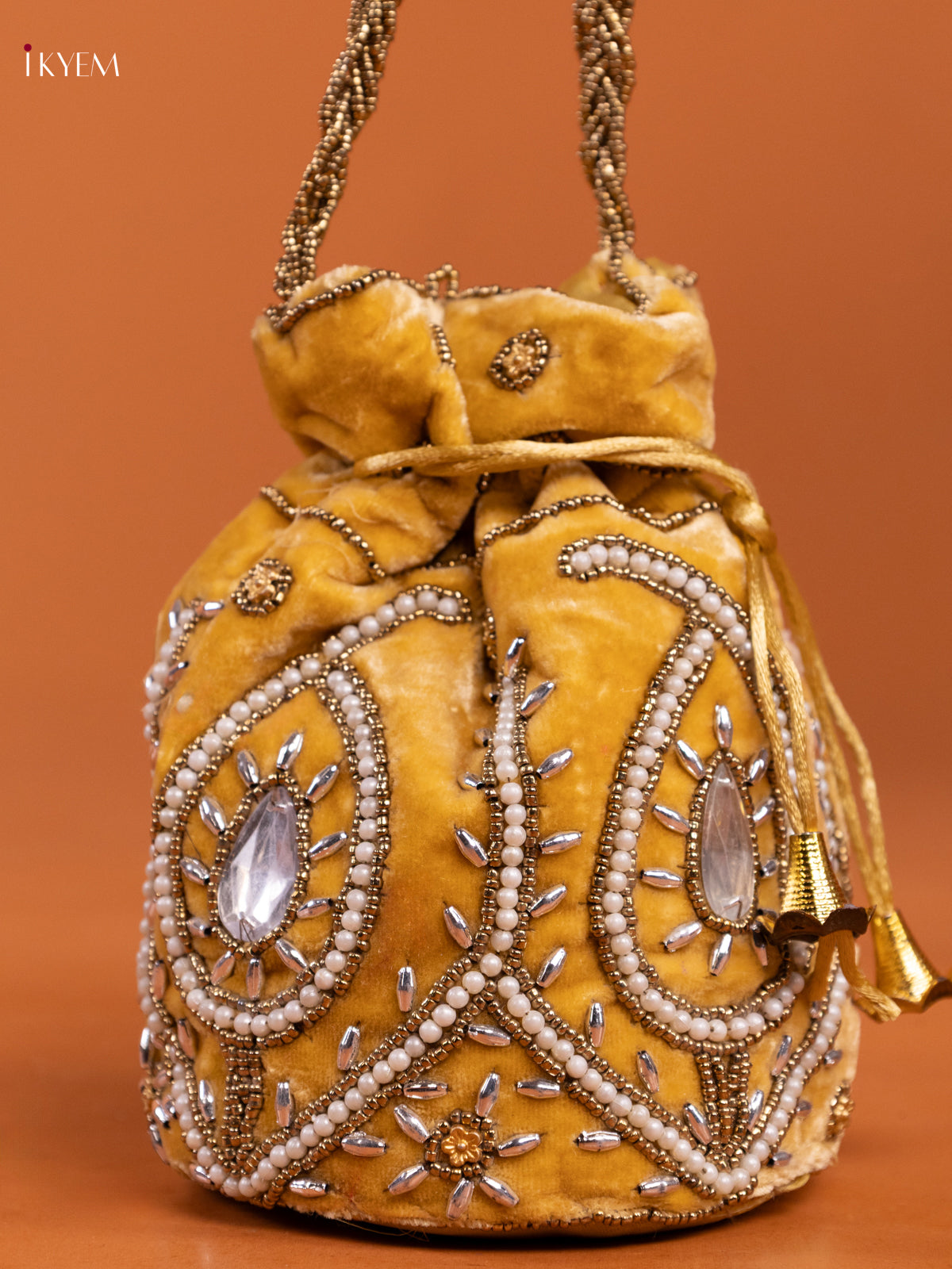 Yellow Potli Bag with Pearl & Bead Embroidery - KD26557