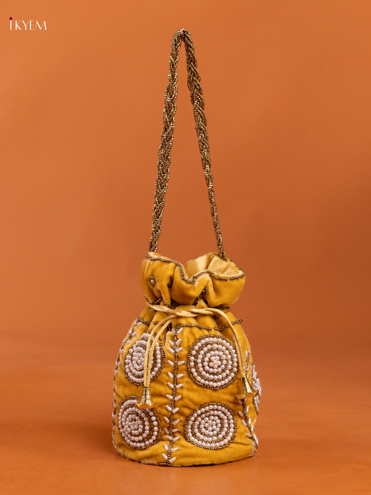 Yellow Velvet Potli Bag With embroidery - KD26558