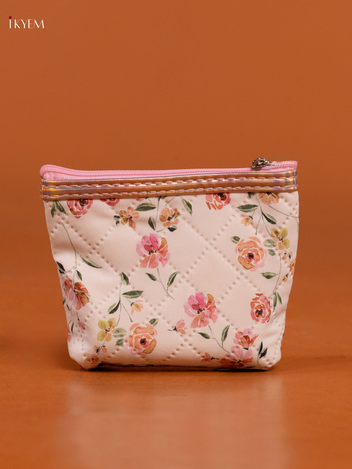 Floral Printed Small Coin Pouch with 1 Compartments - White with Pink - KD26567