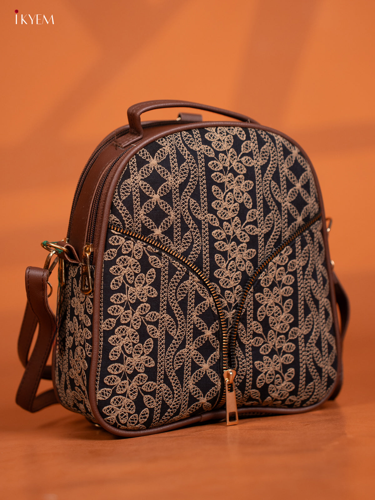 Embroidered Backpack with Adjustable Shoulder Strap - Black - KD26582