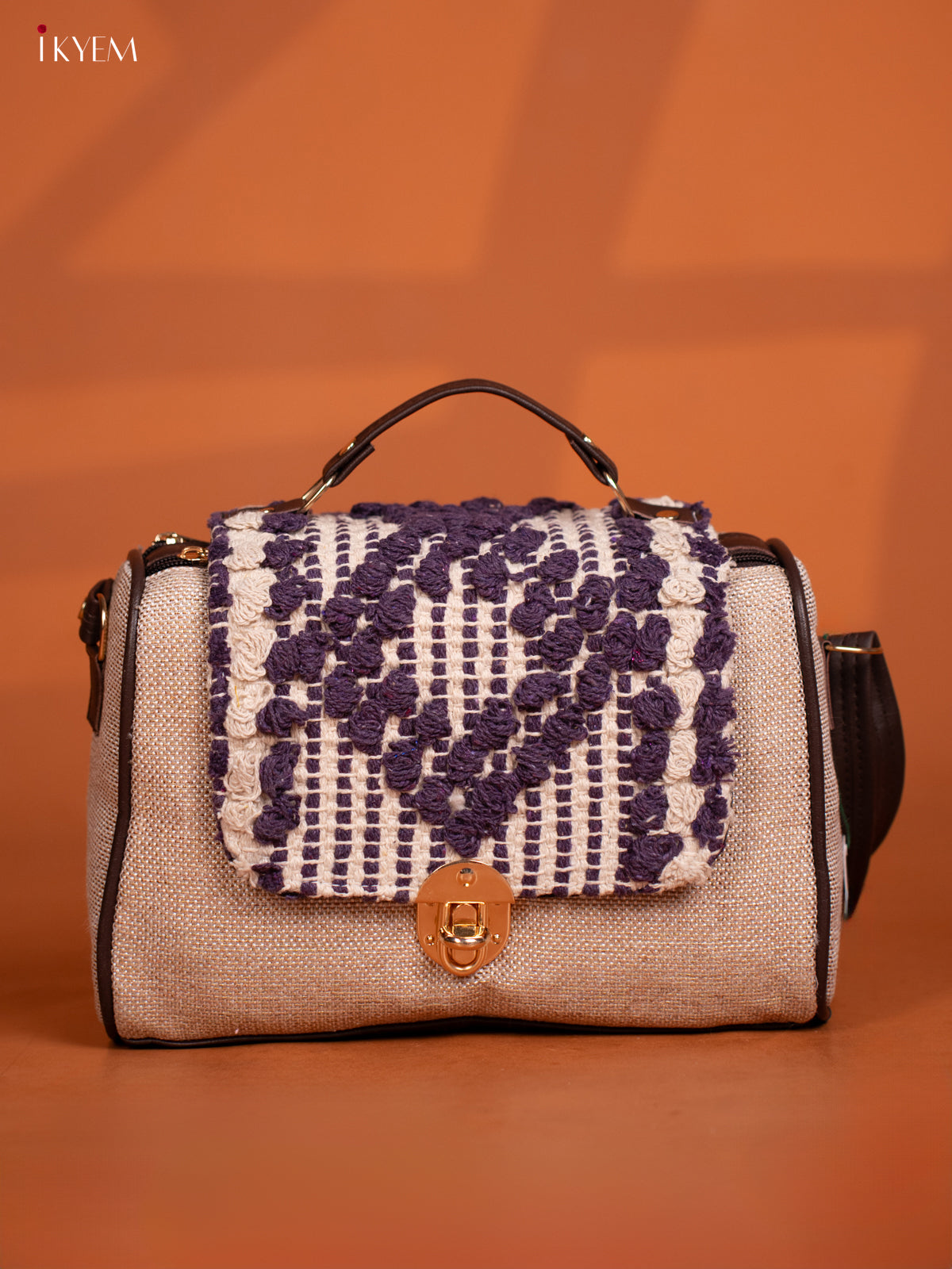 Jacquard Embroidered Gusset & Flap Leather Sling Bag with 3 Compartments - Sandal with Purple