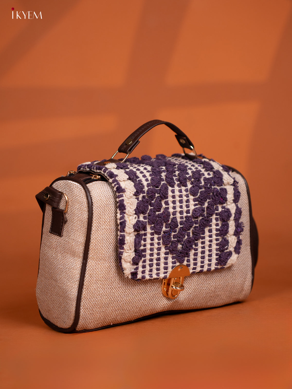 Jacquard Embroidered Gusset & Flap Leather Sling Bag with 3 Compartments - Sandal with Purple