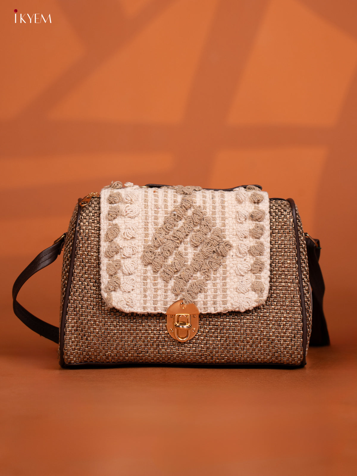 Jacquard Embroidered Gusset & Flap Leather Sling Bag with 3 Compartments - Sandal with White