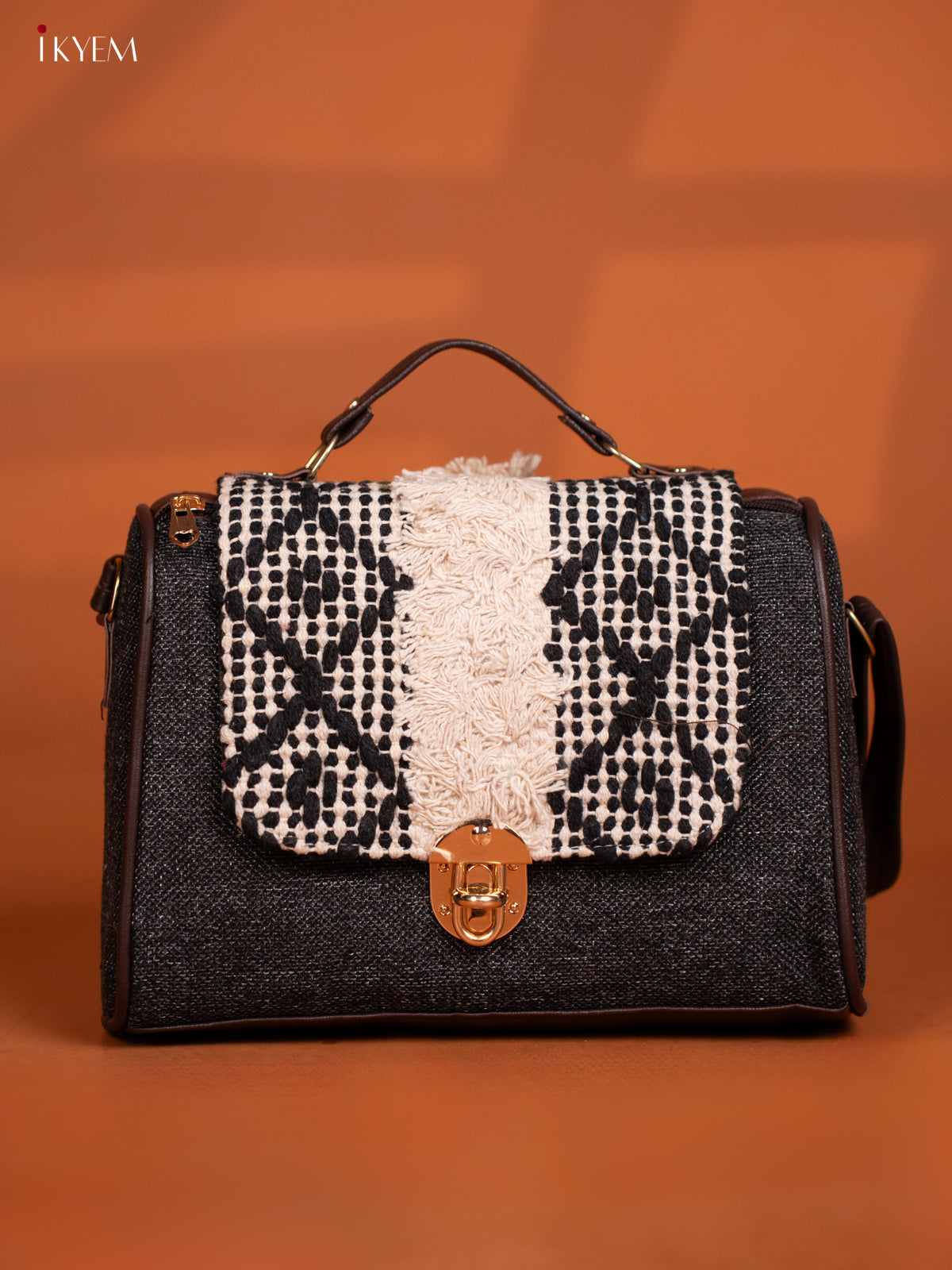 Jacquard Embroidered Gusset & Flap Leather Sling Bag with 3 Compartments -  Grey with Cream