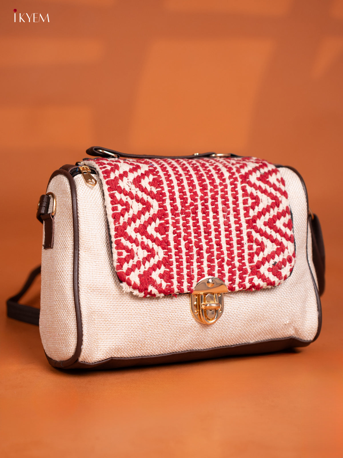 Jacquard Embroidered Gusset & Flap Leather Sling Bag with 3 Compartments - Cream with Red