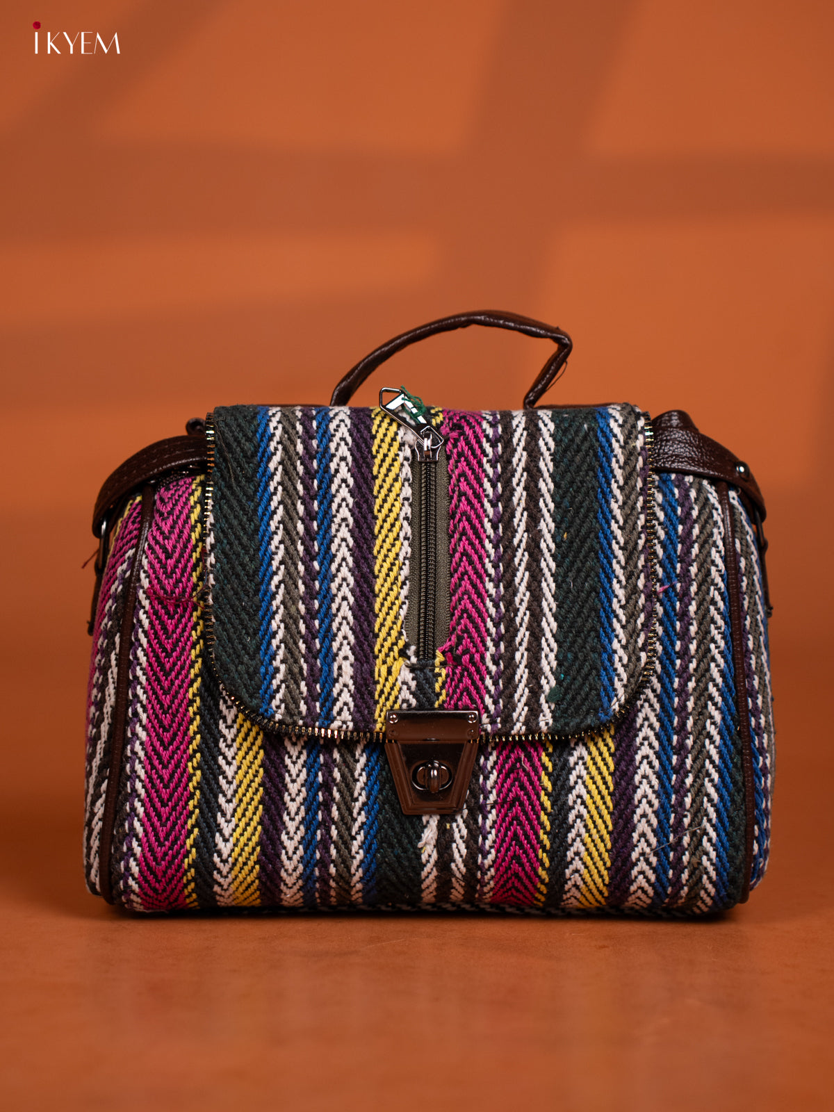 Jacquard Leather Sling Bag with 4 Compartments - Multi Colour - KD26600