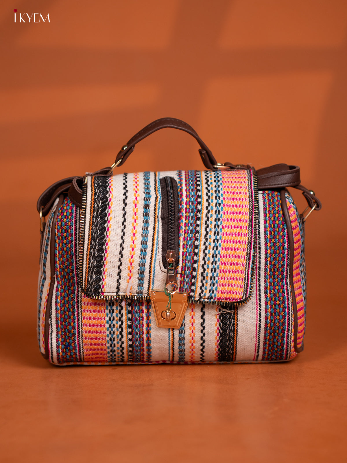 Jacquard Leather Sling Bag with 4 Compartments - Multi Colour - KD26602