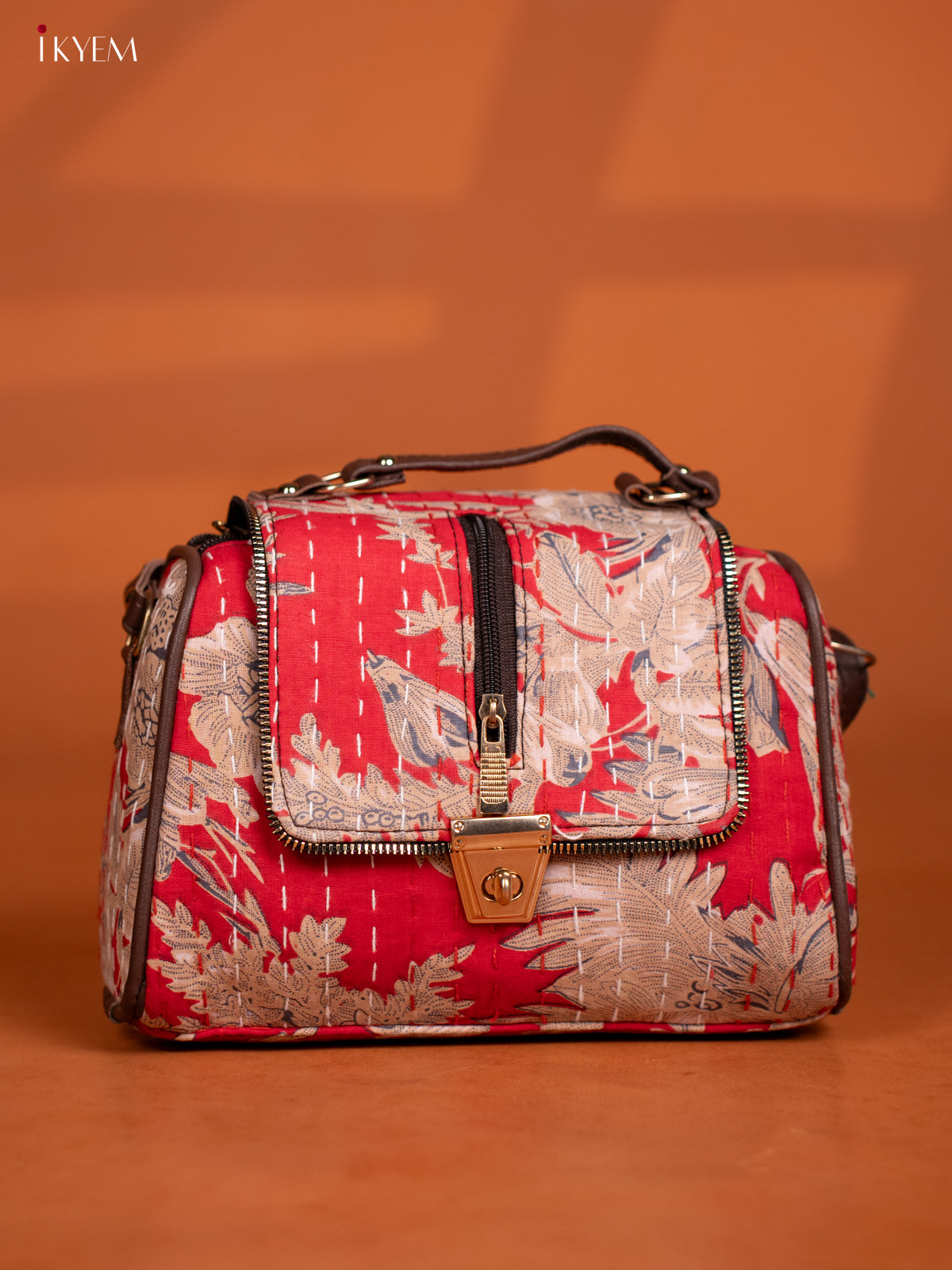 Jacquard Floral Printed Leather Sling Bag Gusset & Flap with 4 Compartments - Red - KD26604