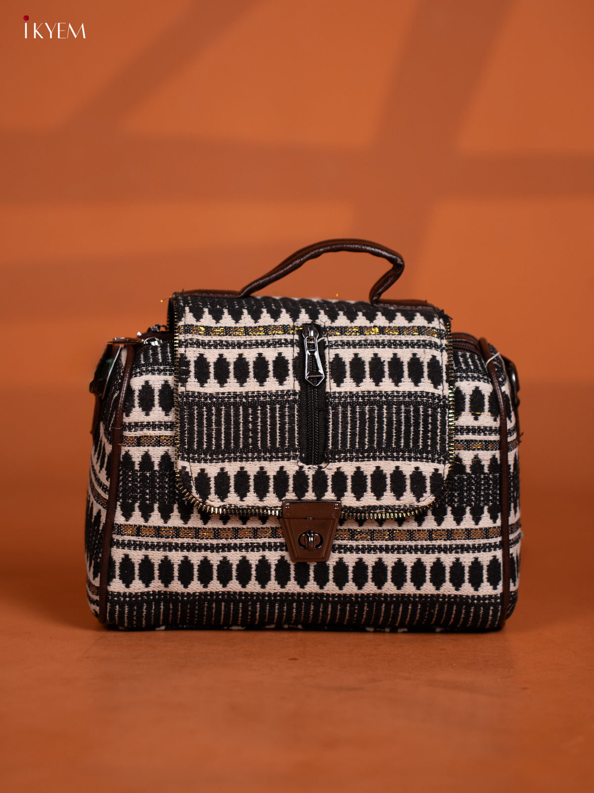 Jacquard Ikat Printed Leather Sling Bag Gusset & Flap with 4 Compartments - Black with White - KD26605