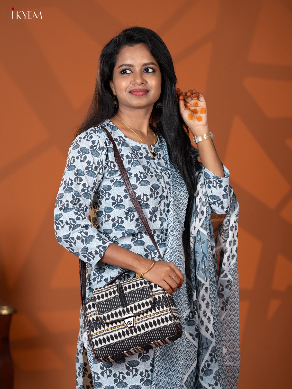 Jacquard Ikat Printed Leather Sling Bag Gusset & Flap with 4 Compartments - Black with White - KD26605
