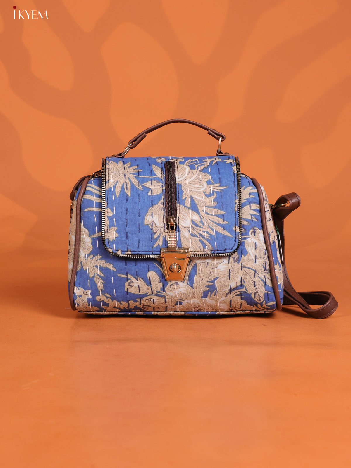 Floral Printed Flap Leather Sling Bag with 3 compartments - Sky Blue - KD26607