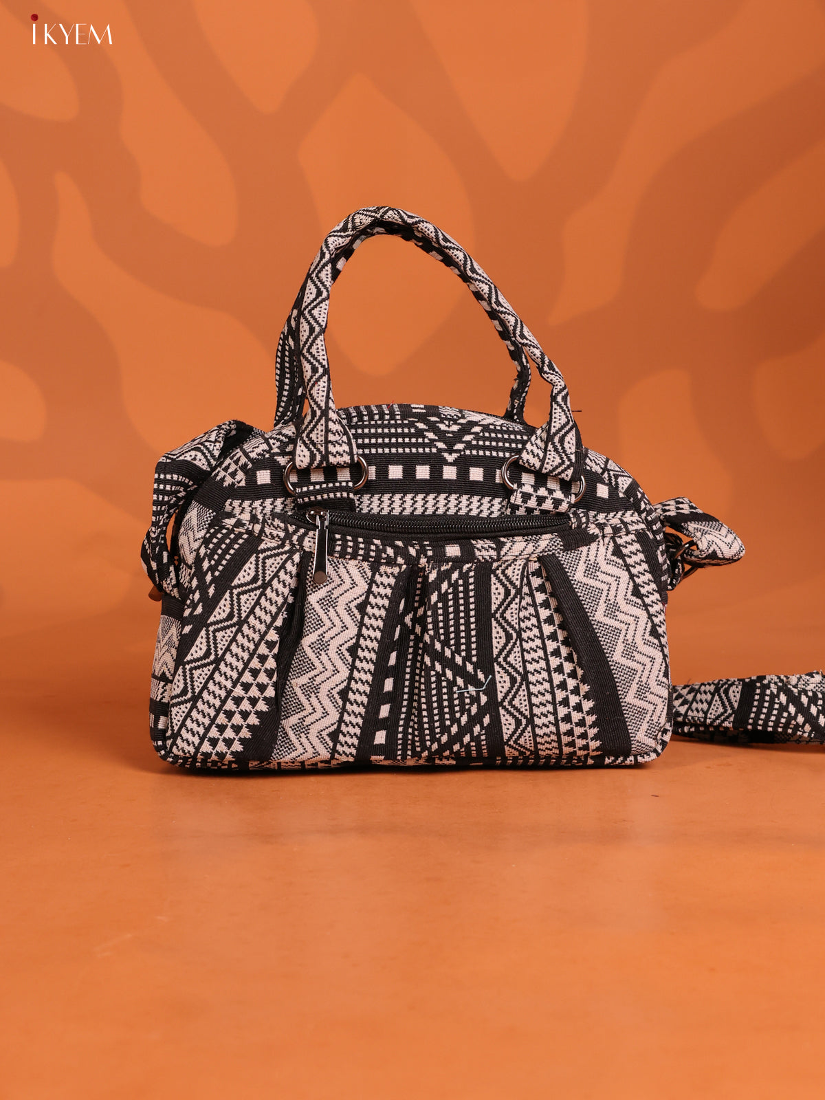 Jute Printed Crushed Sling Bag with 2 Compartments - Black - KD26624