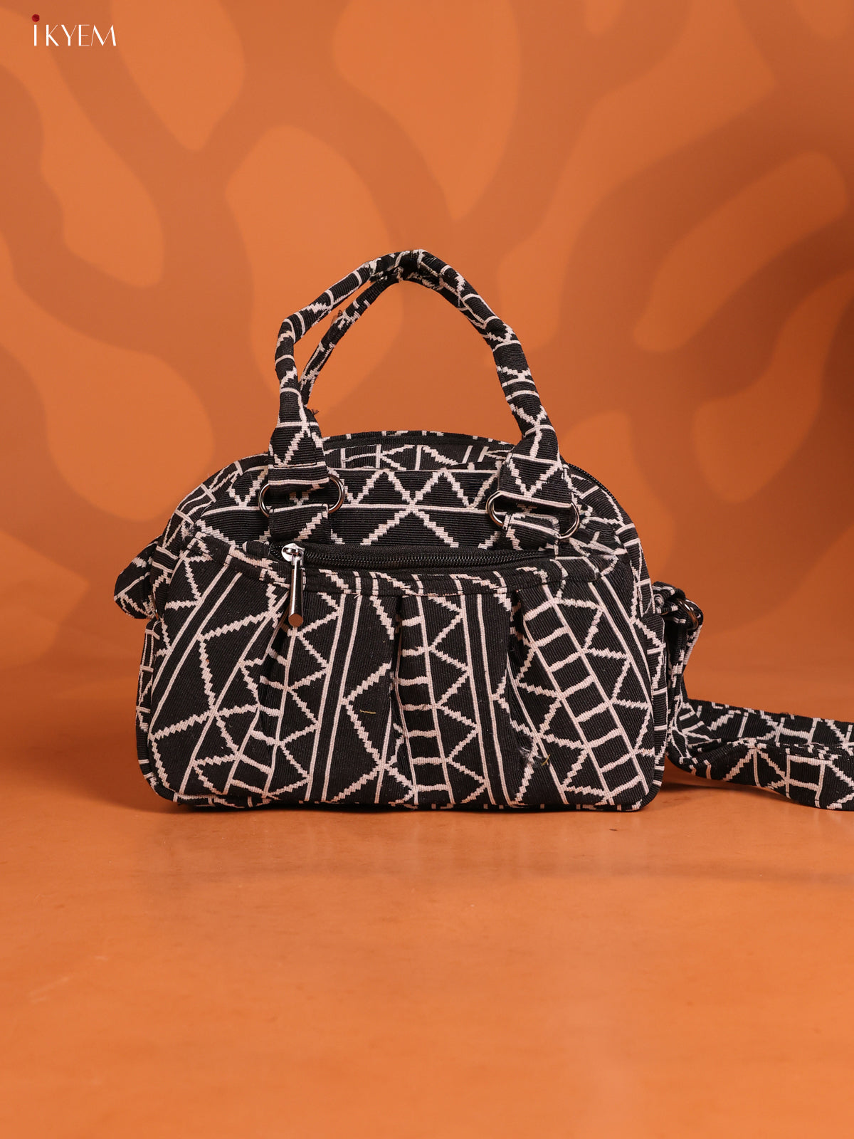 Jute Printed Crushed Sling Bag with 2 Compartments - Black - KD26625