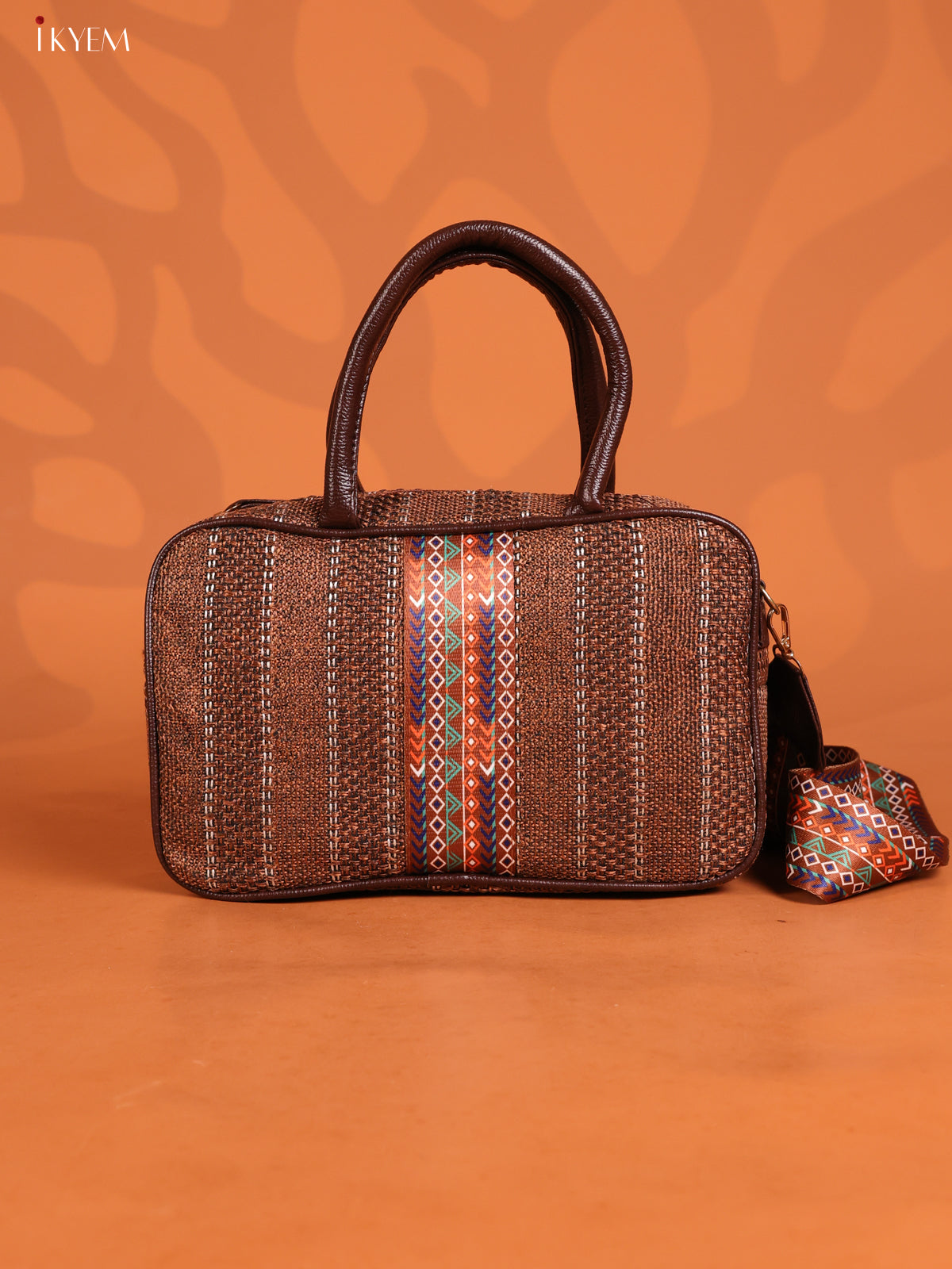 Jacquard Geometric Pattern Handbag & printed Sling with 2 compartments - Coffee Brown - KD26628