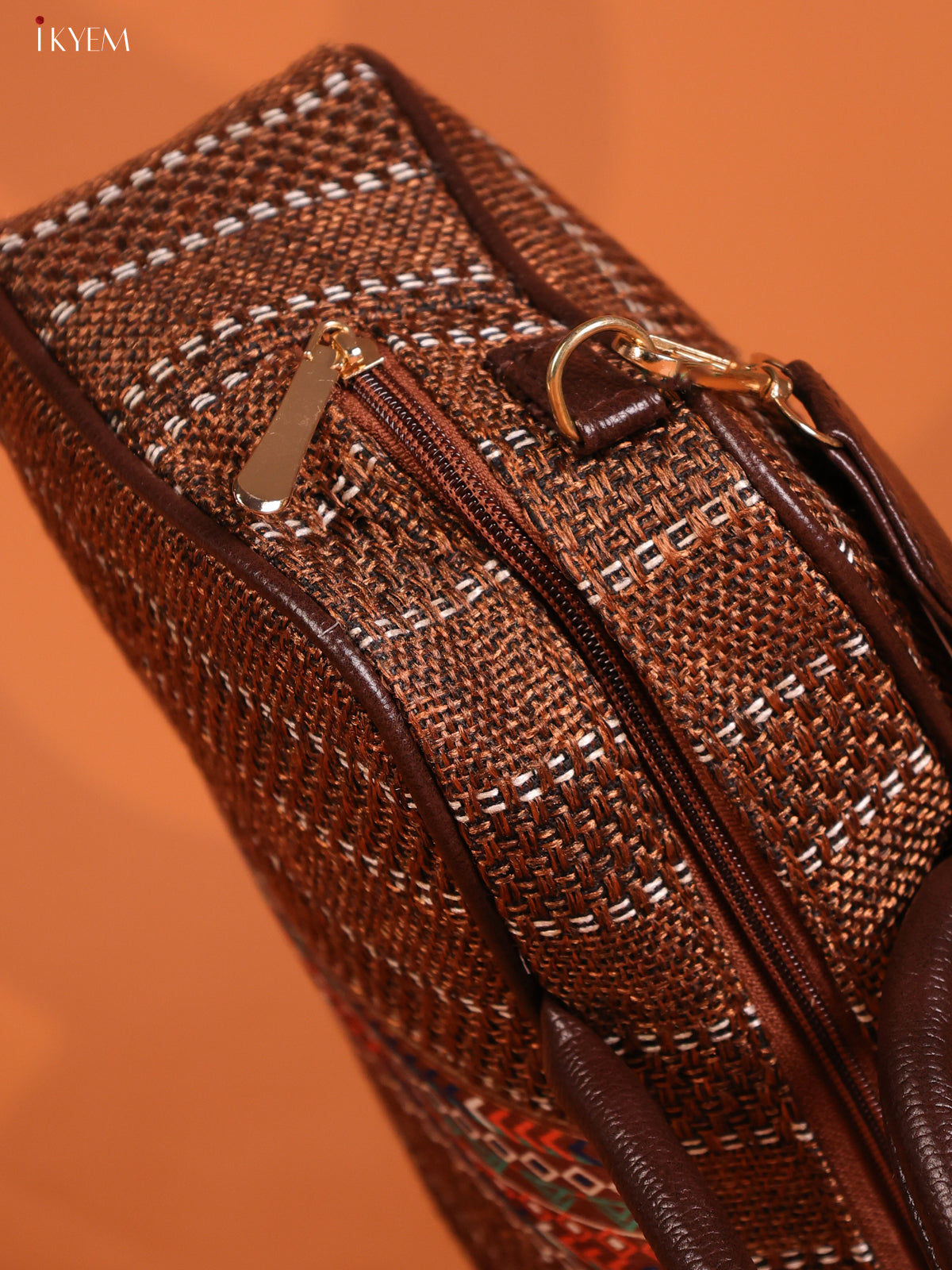 Jacquard Geometric Pattern Handbag & printed Sling with 2 compartments - Coffee Brown - KD26628