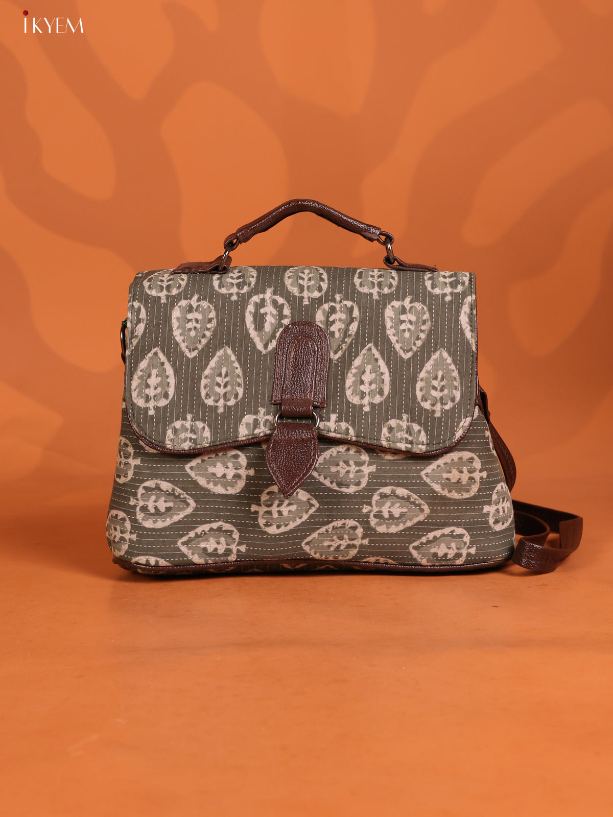 Jacquard Floral Print Flap with Leather Sling bag with 3 Compartments - Green - KD26652