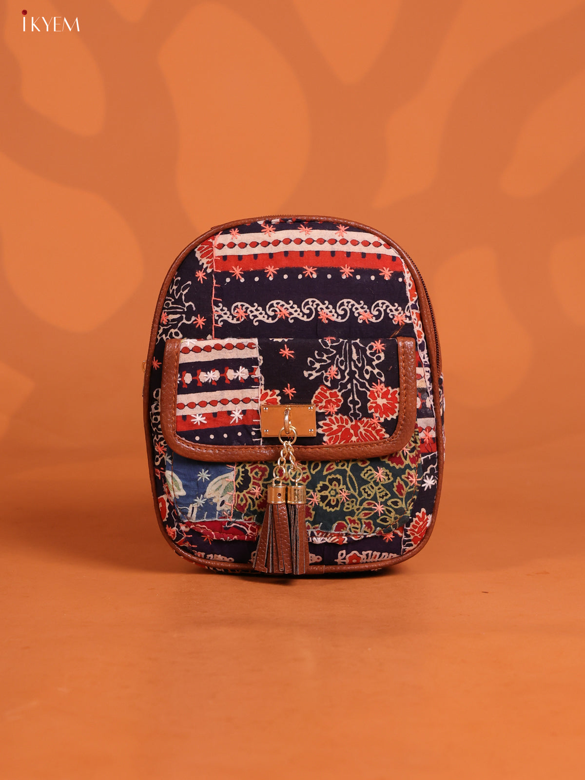 Embroidered Cotton Floral Back Bag Flap with 2 Compartments -Navy Blue with Orange - KD26657