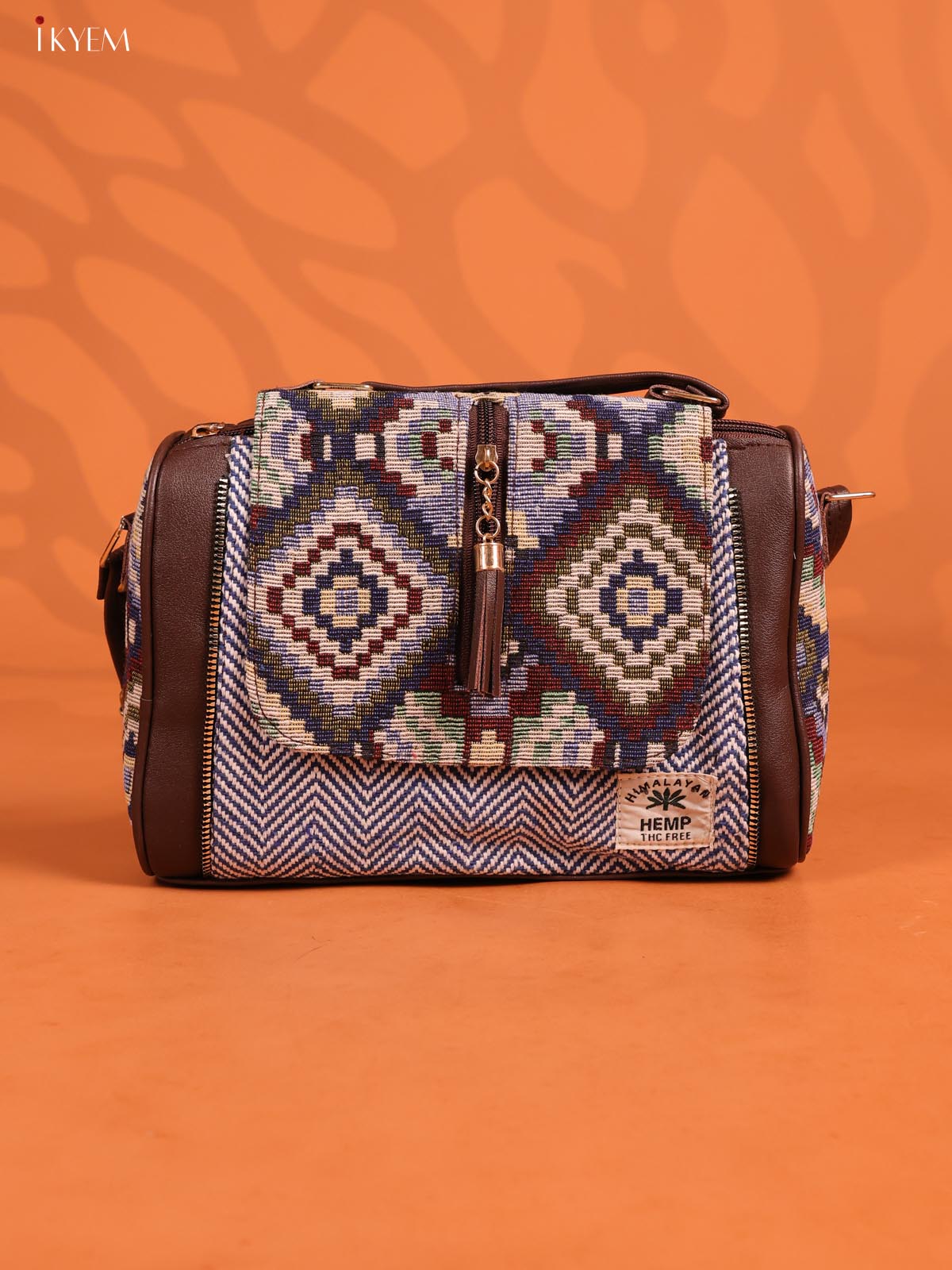 Jacquard Geometric Leather Sling Bag with 3 compartments - Dark blue - KD26673