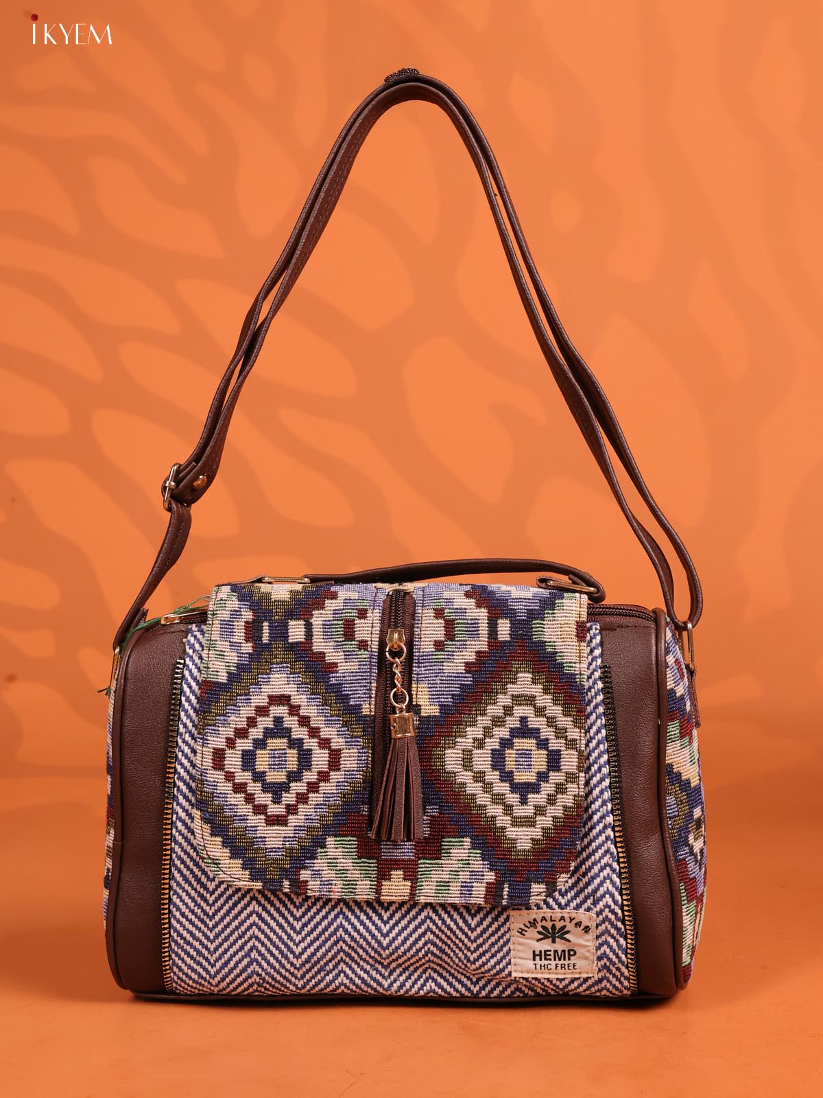 Jacquard Geometric Leather Sling Bag with 3 compartments - Dark blue - KD26673