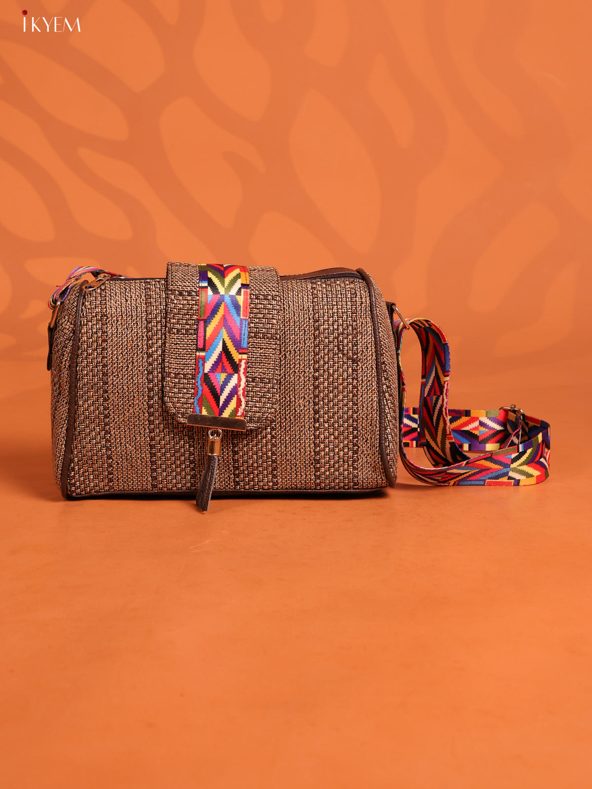 Jacquard Printed Leather Sling Bag with 3 Compartments - Brown - KD26703