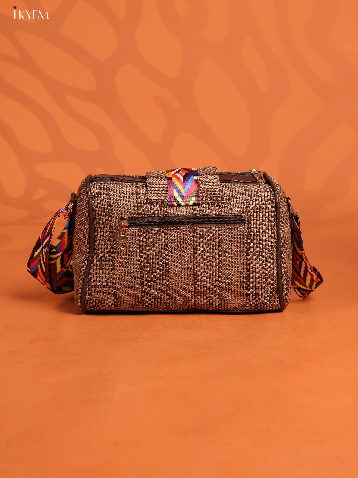 Jacquard Printed Leather Sling Bag with 3 Compartments - Brown - KD26703