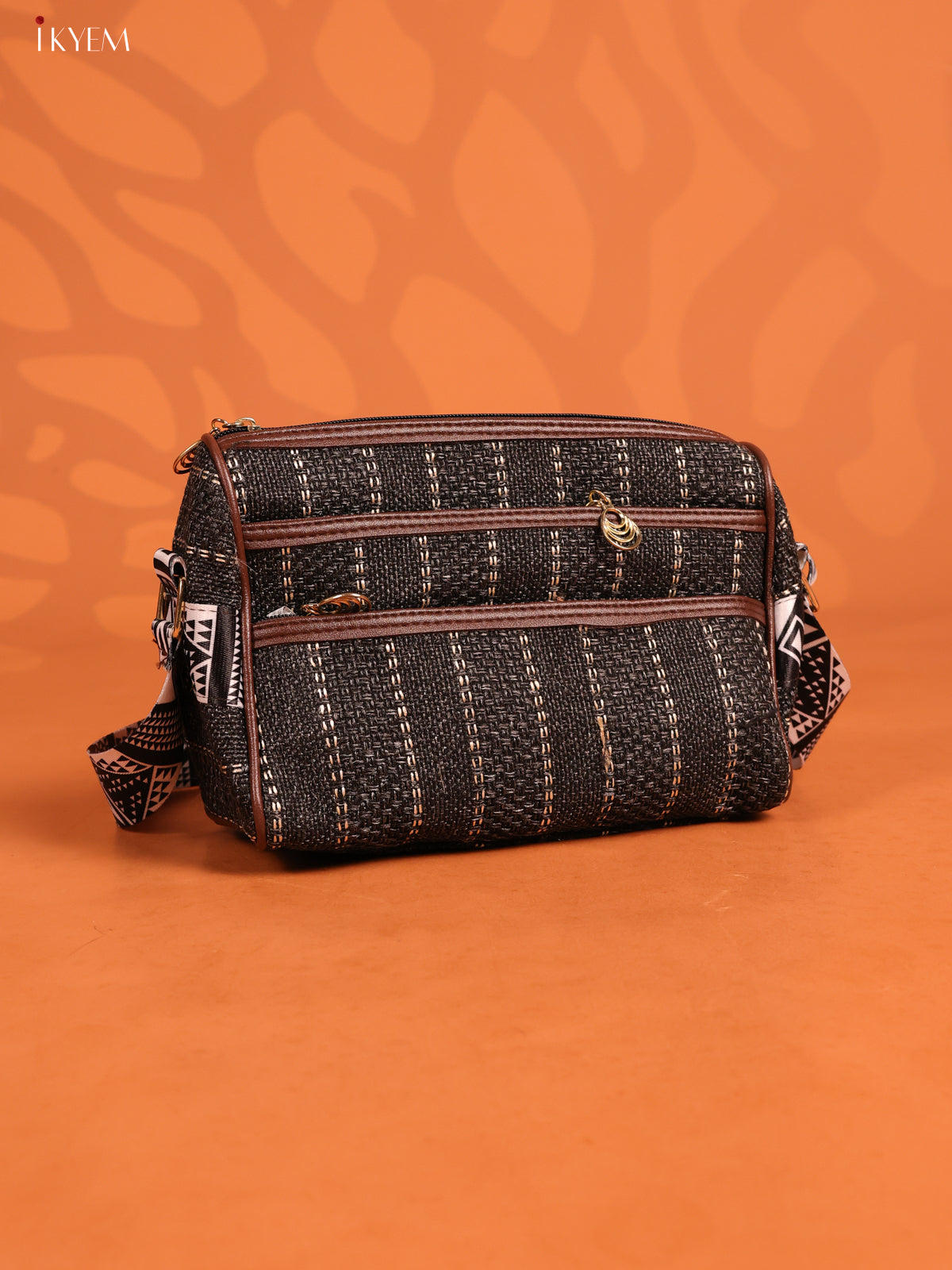 Jacquard Printed Sling Bag with 4 Compartments - Black - KD26708