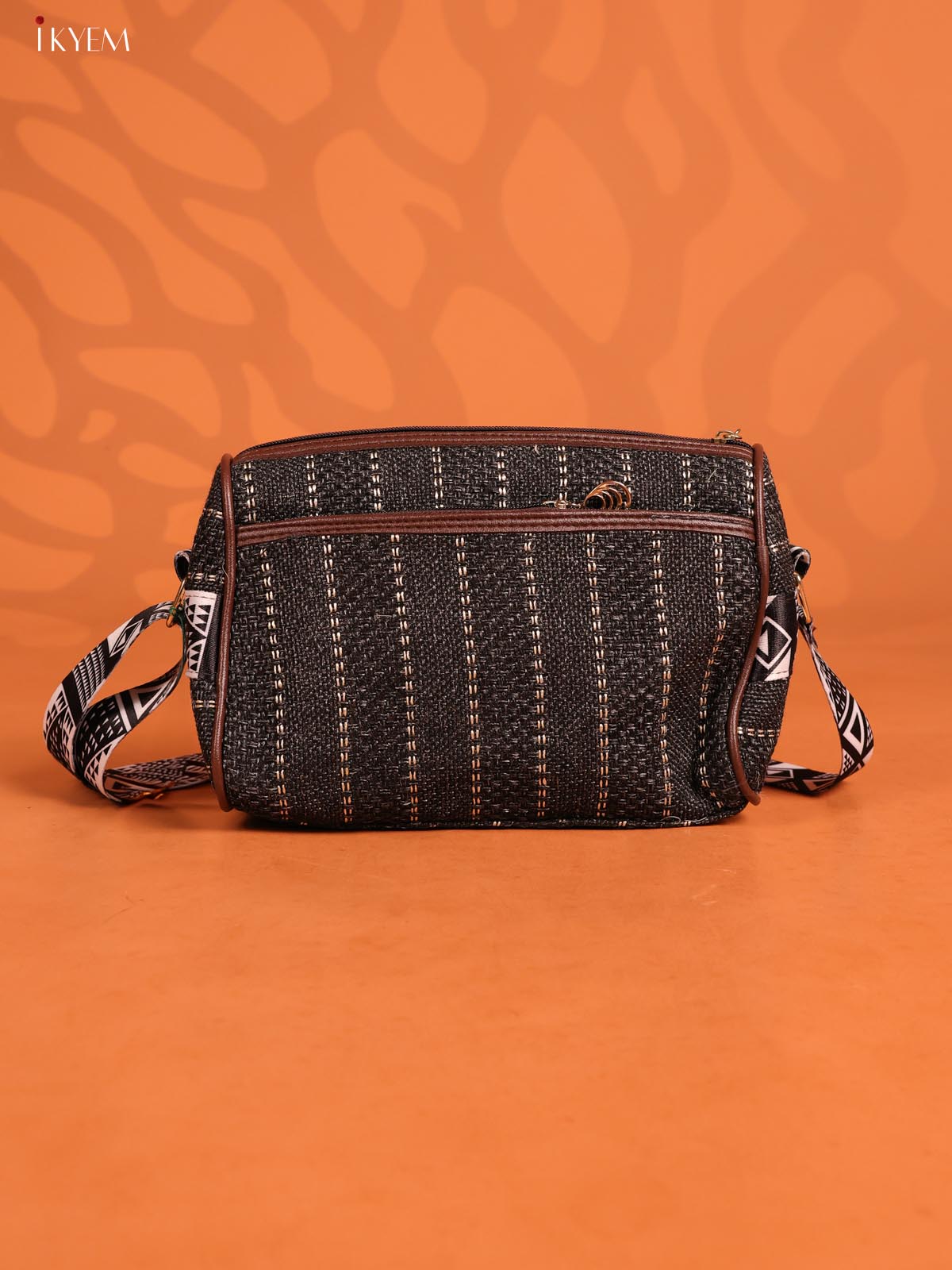 Jacquard Printed Sling Bag with 4 Compartments - Black - KD26708