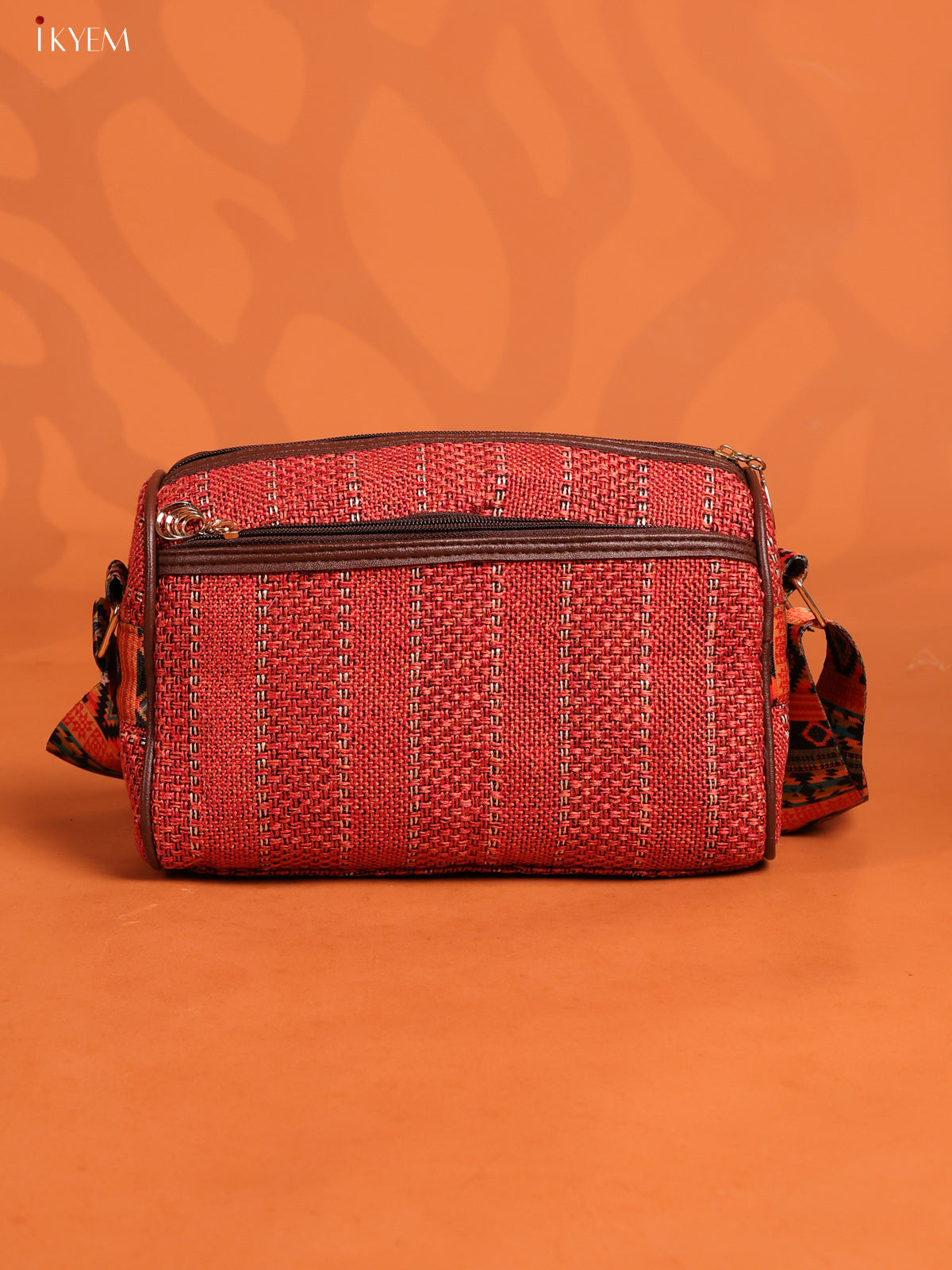 Jacquard Printed Sling Bag with 4 Compartments - Orange - KD26711