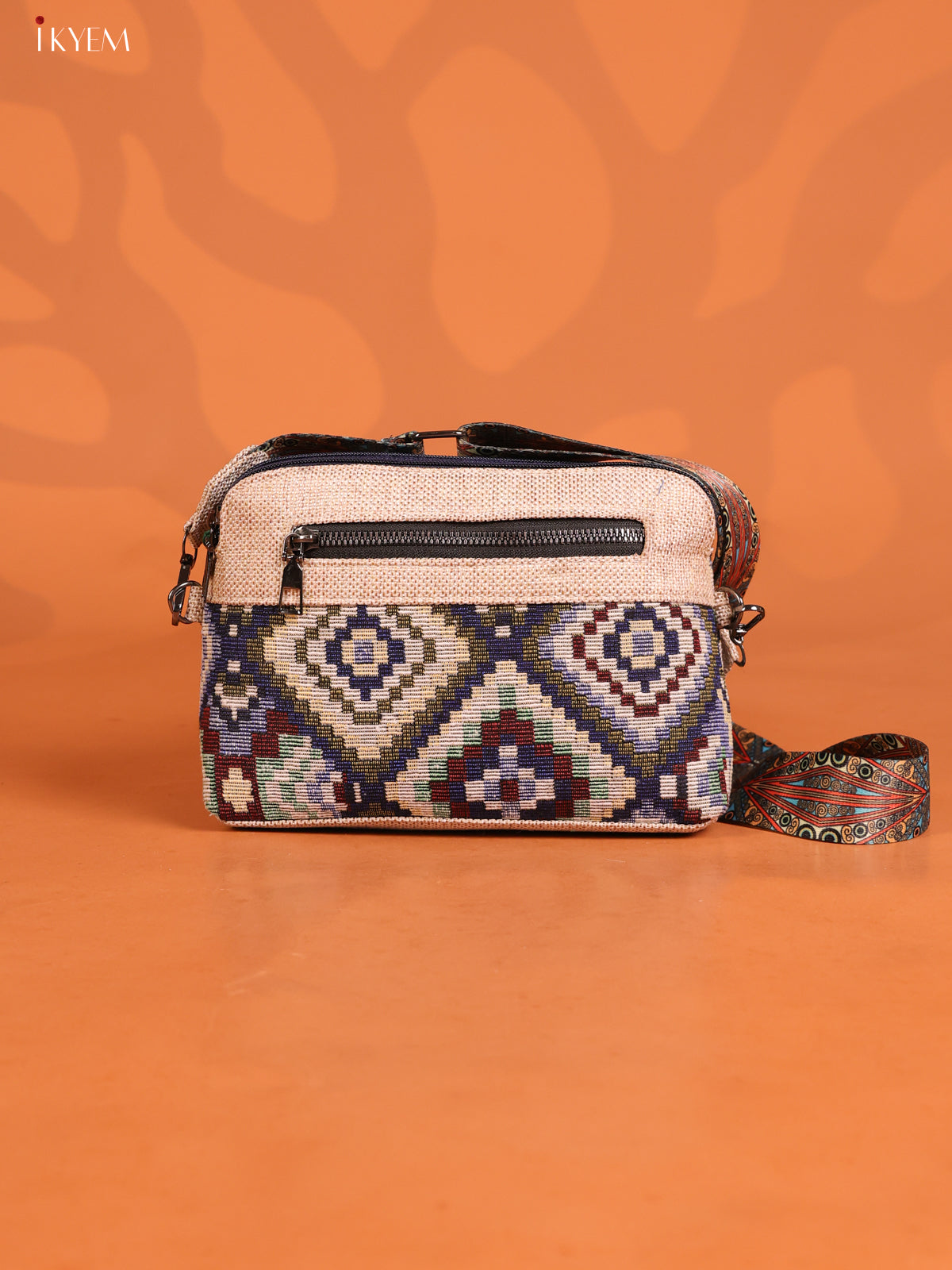 jacquard Geometric Leather Printed Sling Bag with 3 Compartments - Cream - KD26725
