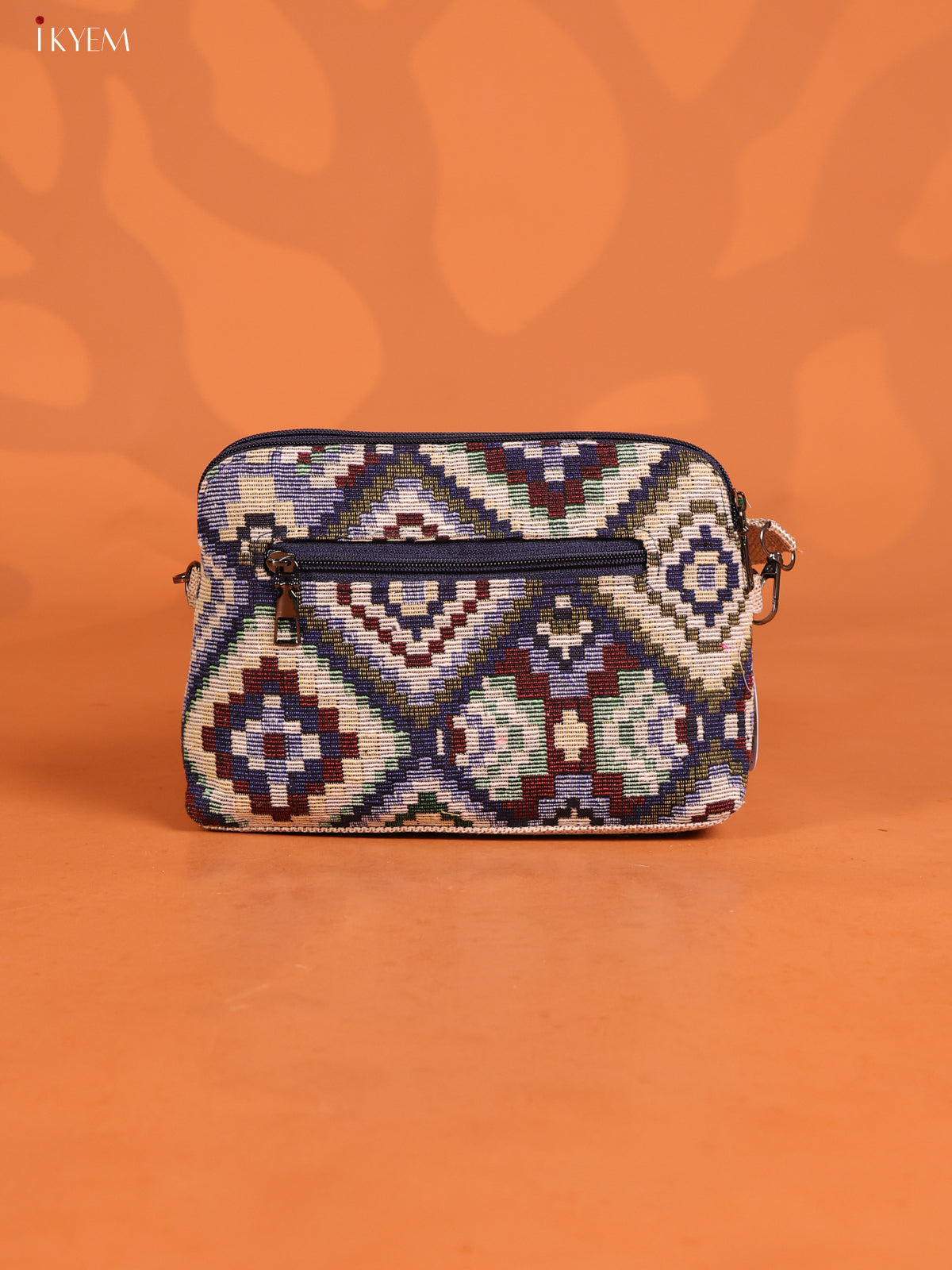 jacquard Geometric Leather Printed Sling Bag with 3 Compartments - Cream - KD26725