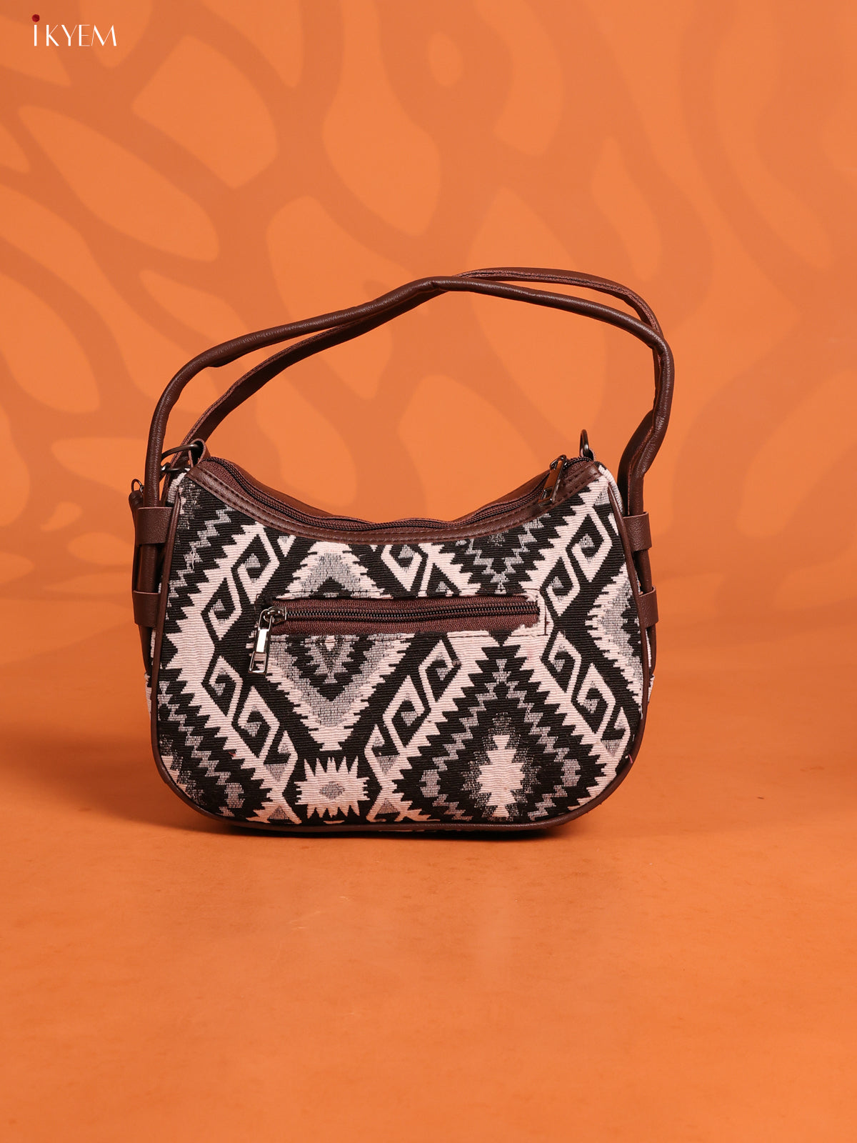 jacquard Ikat Leather Sling Bag with 3 Compartments - Black & White - KD26728