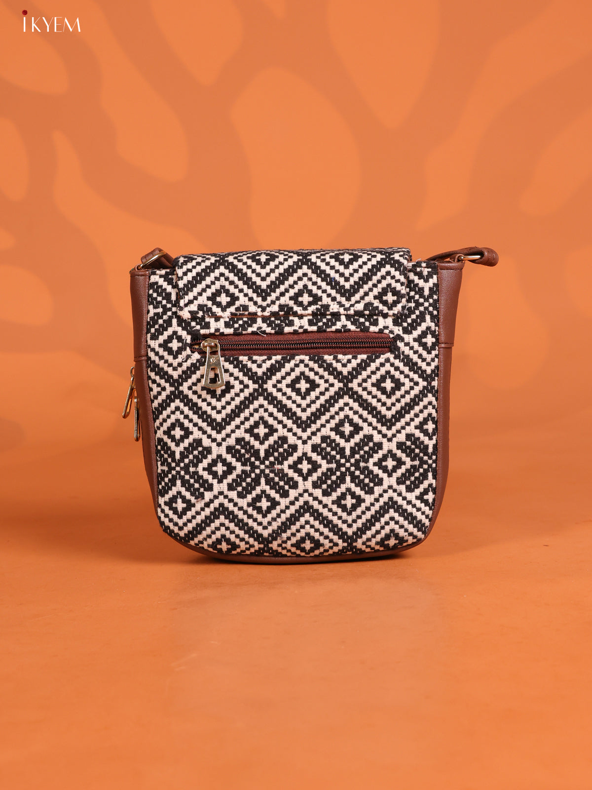 Jacquard Flap Leather Sling Bag with 3 Compartments - Black with white - KD26746
