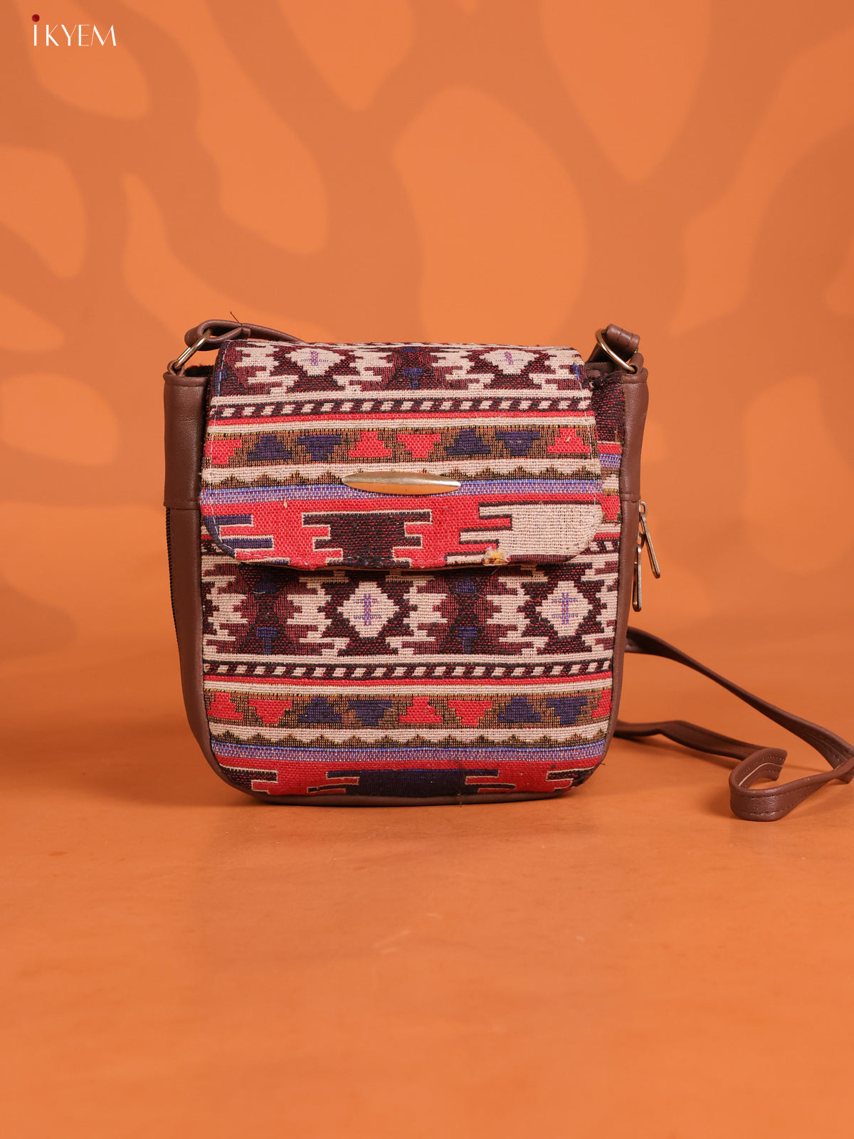 Jacquard Flap Leather Sling Bag with 3 Compartments - Multicolour - KD26747
