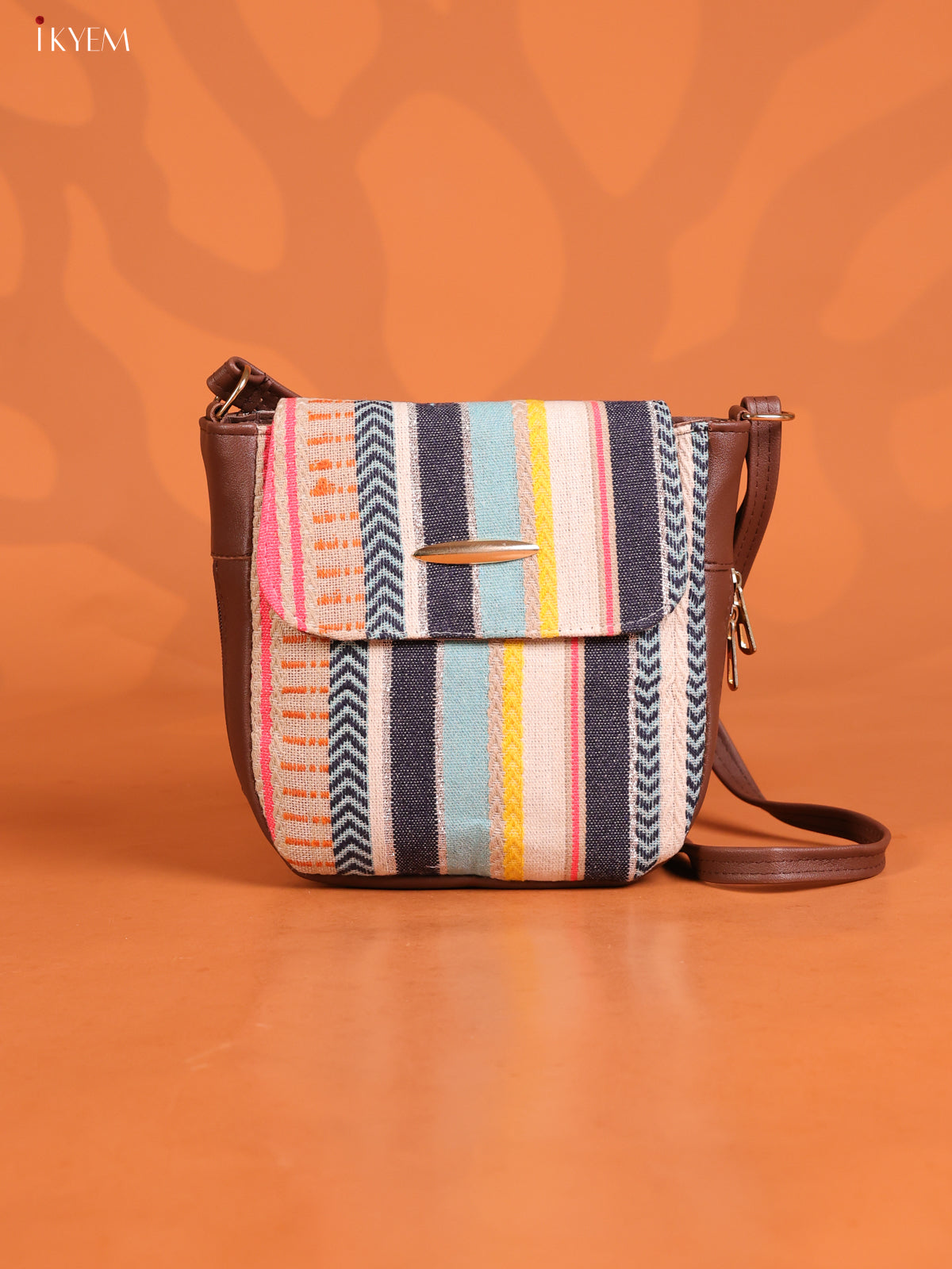 Jacquard Flap Leather Sling Bag with 3 Compartments - Multicolour - KD26749