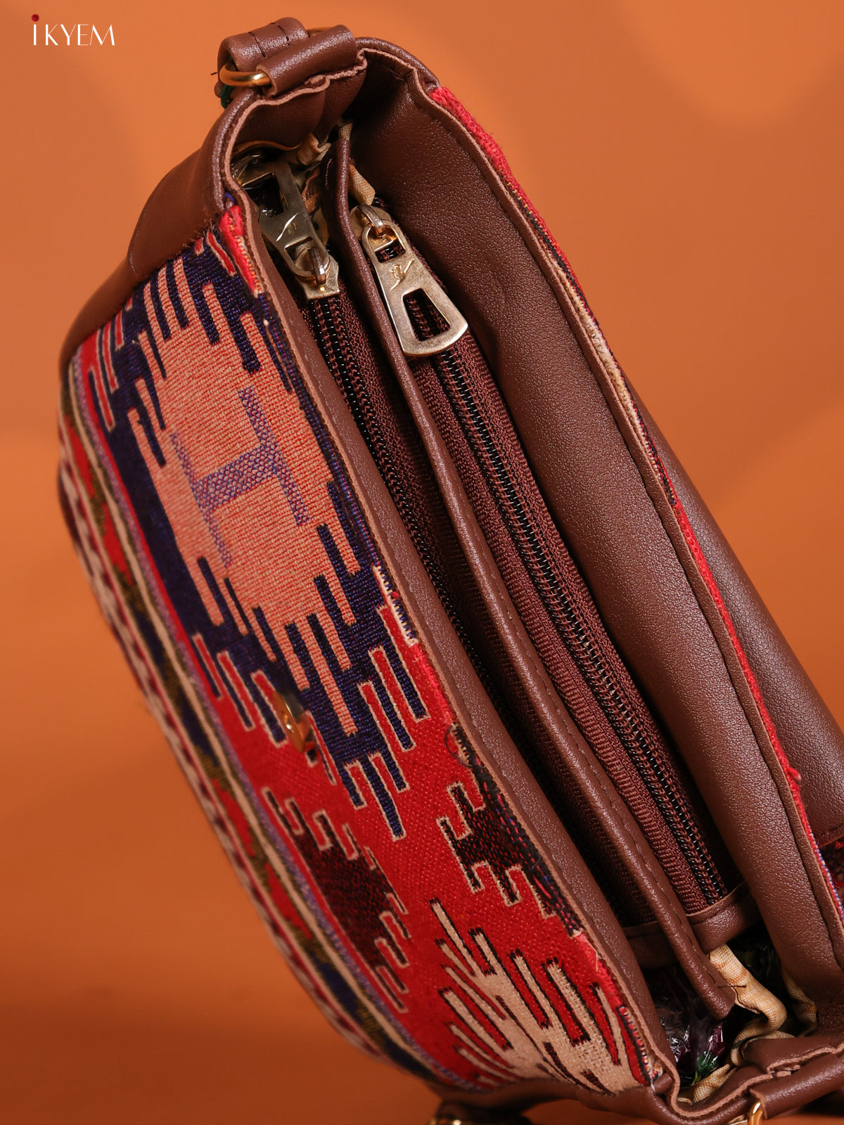 Jacquard Flap Leather Sling Bag with 3 Compartments - Multicolour - KD26750