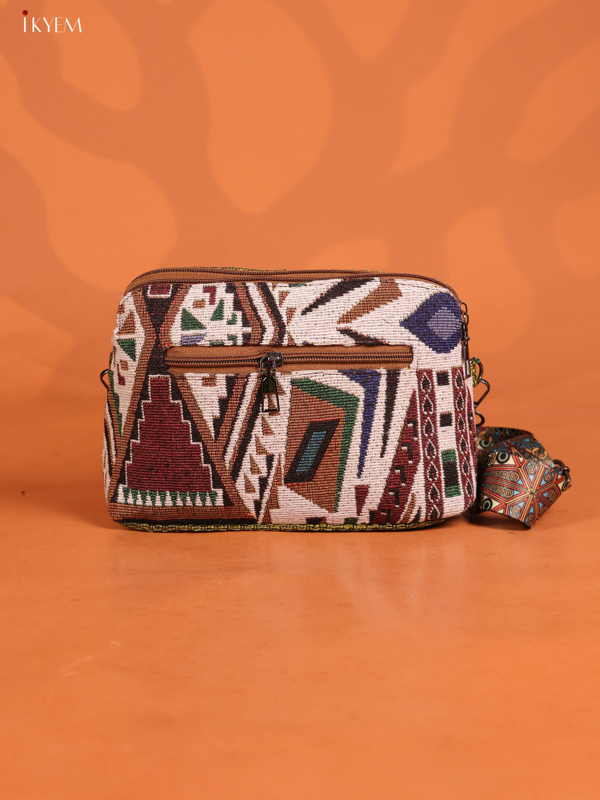 Jacquard Geometric Printed sling bag with 4 Compartments - Green - KD26755