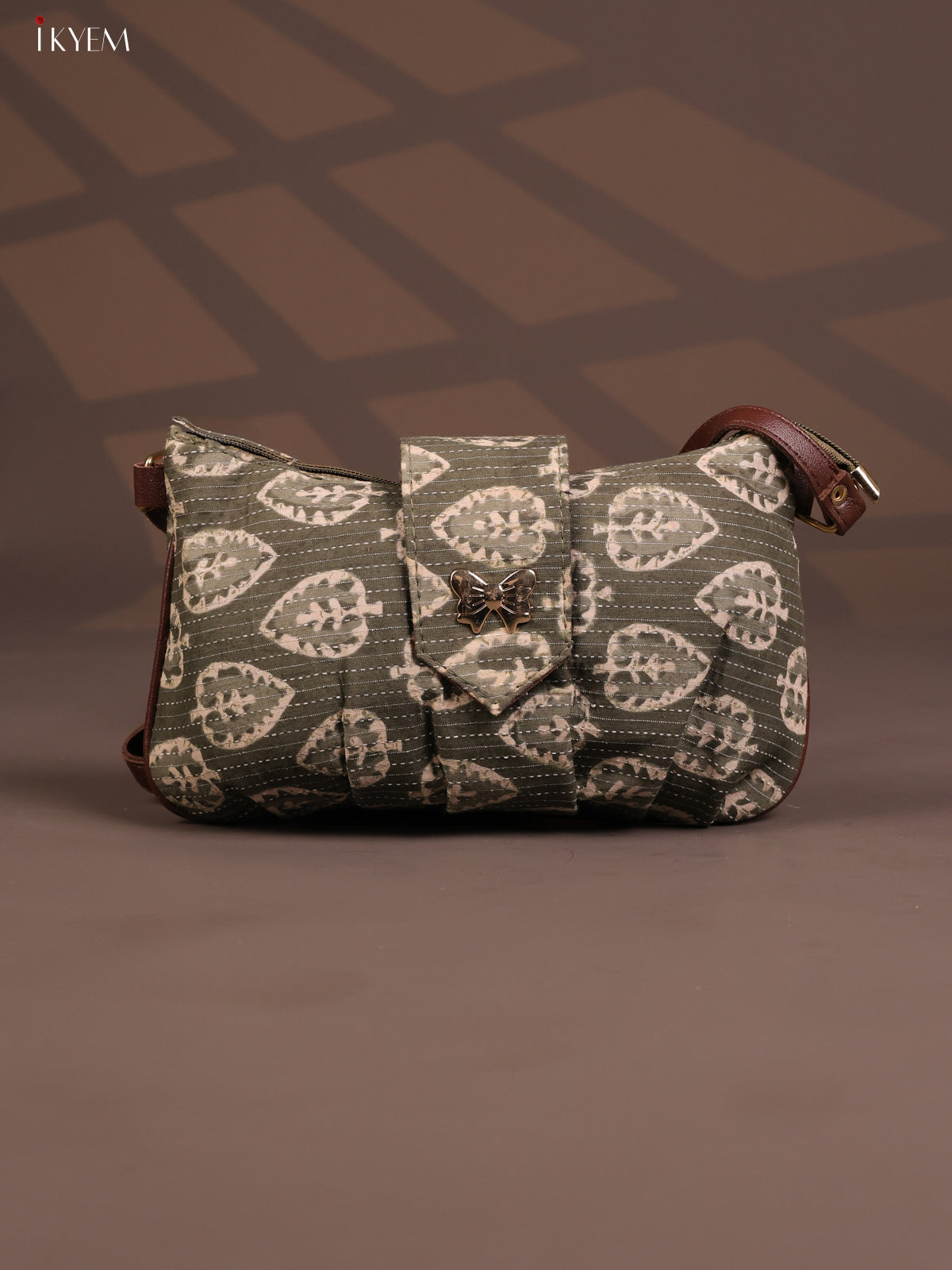 Floral Cotton Leather Sling Bag with 2 Compartments - Green - KD26767