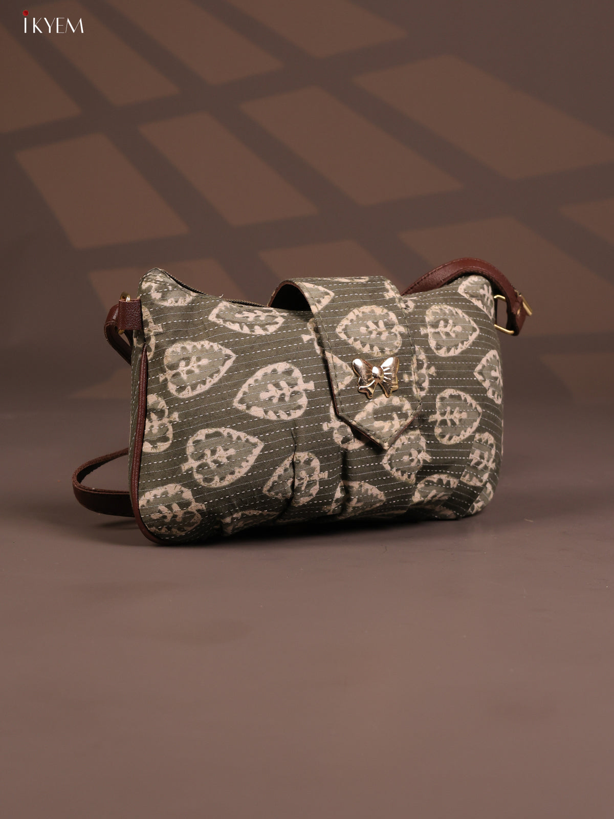 Floral Cotton Leather Sling Bag with 2 Compartments - Green - KD26767